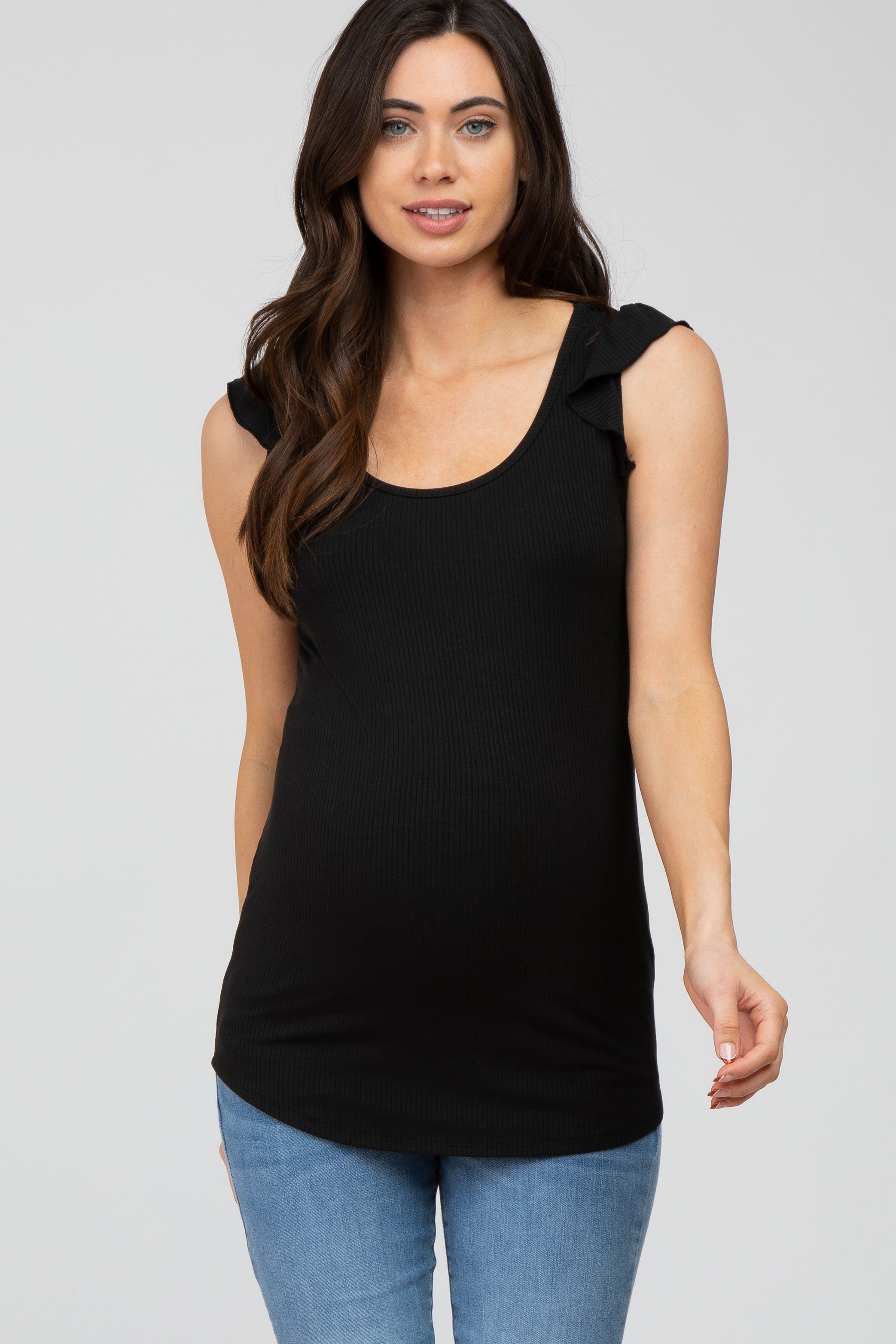 Black Ribbed Ruffle Shoulder Maternity Tank Top sold by Pinkblush
