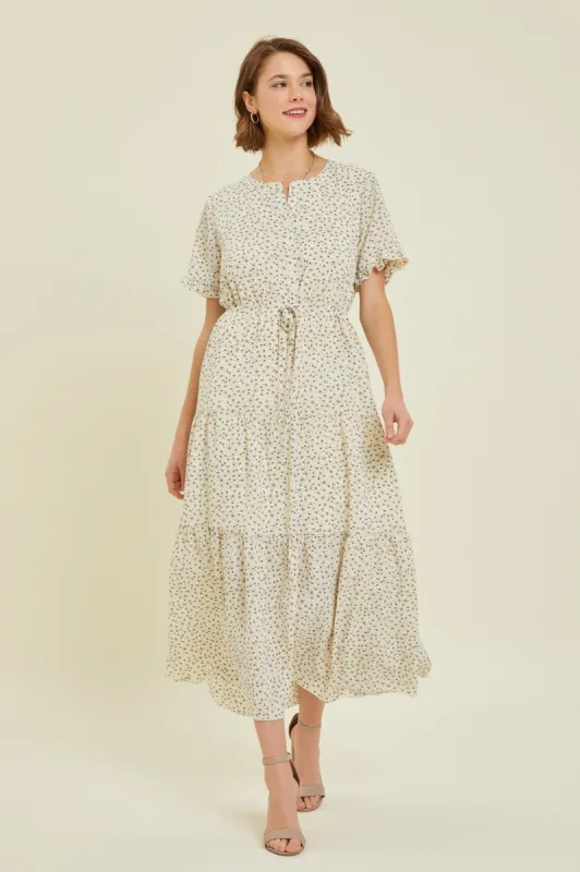 Cream Ditsy Floral Tiered Ruffled Maxi Dress sold by Pinkblush