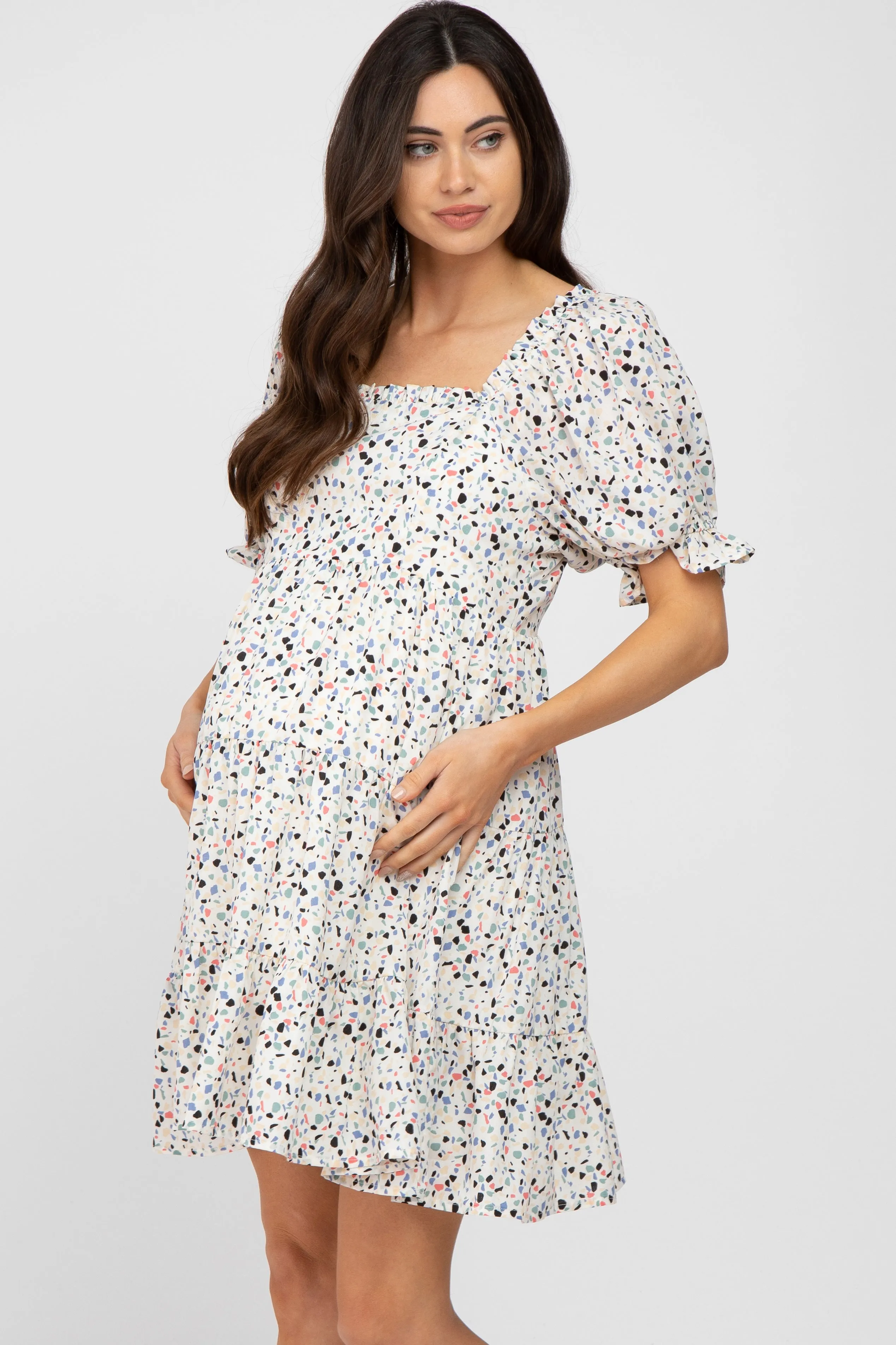Ivory Printed Puff Sleeve Maternity Tiered Dress sold by Pinkblush product image thumbnail 3