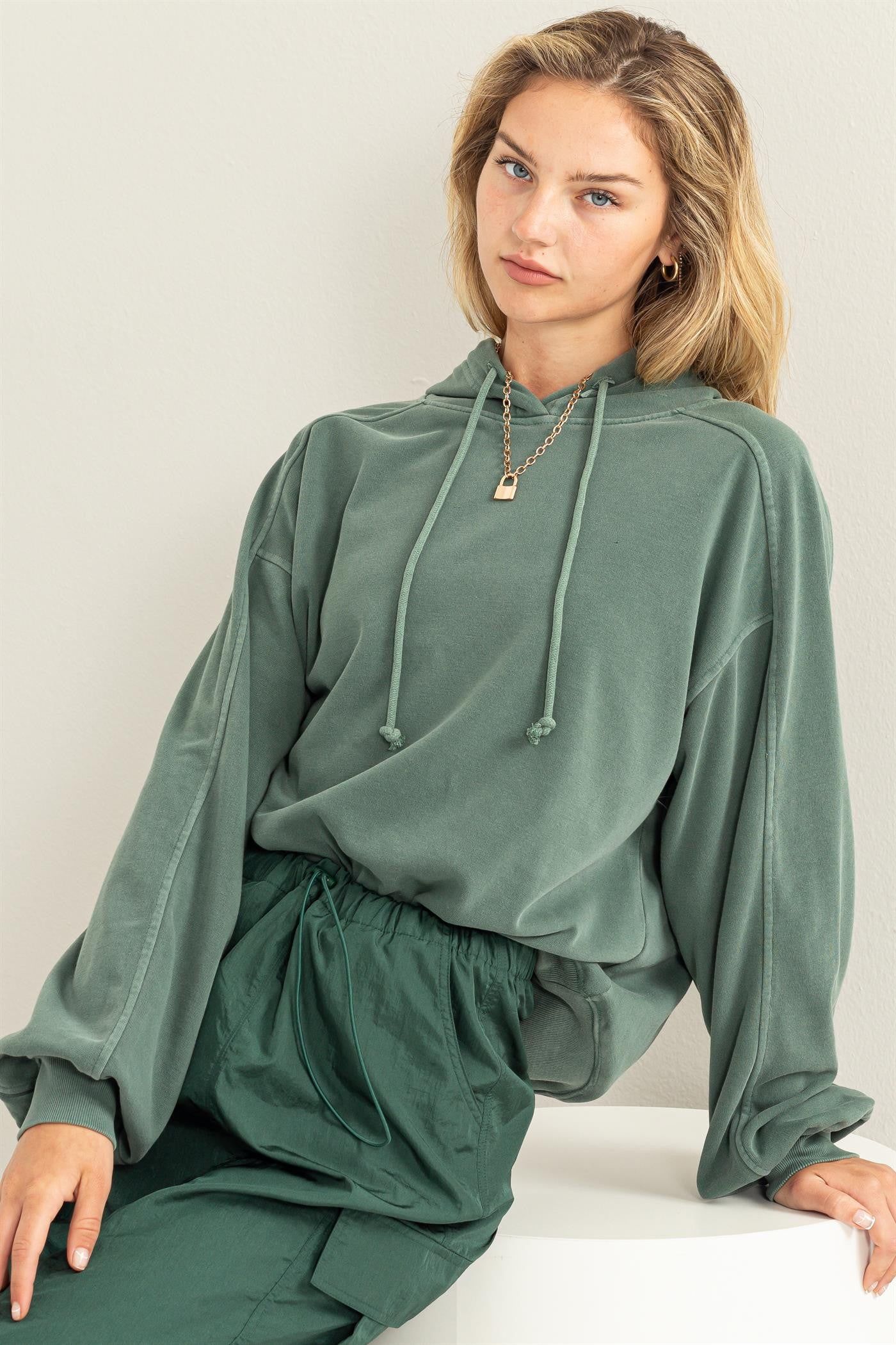 Green Faded Wash Drawstring Hoodie sold by Pinkblush product image thumbnail 2