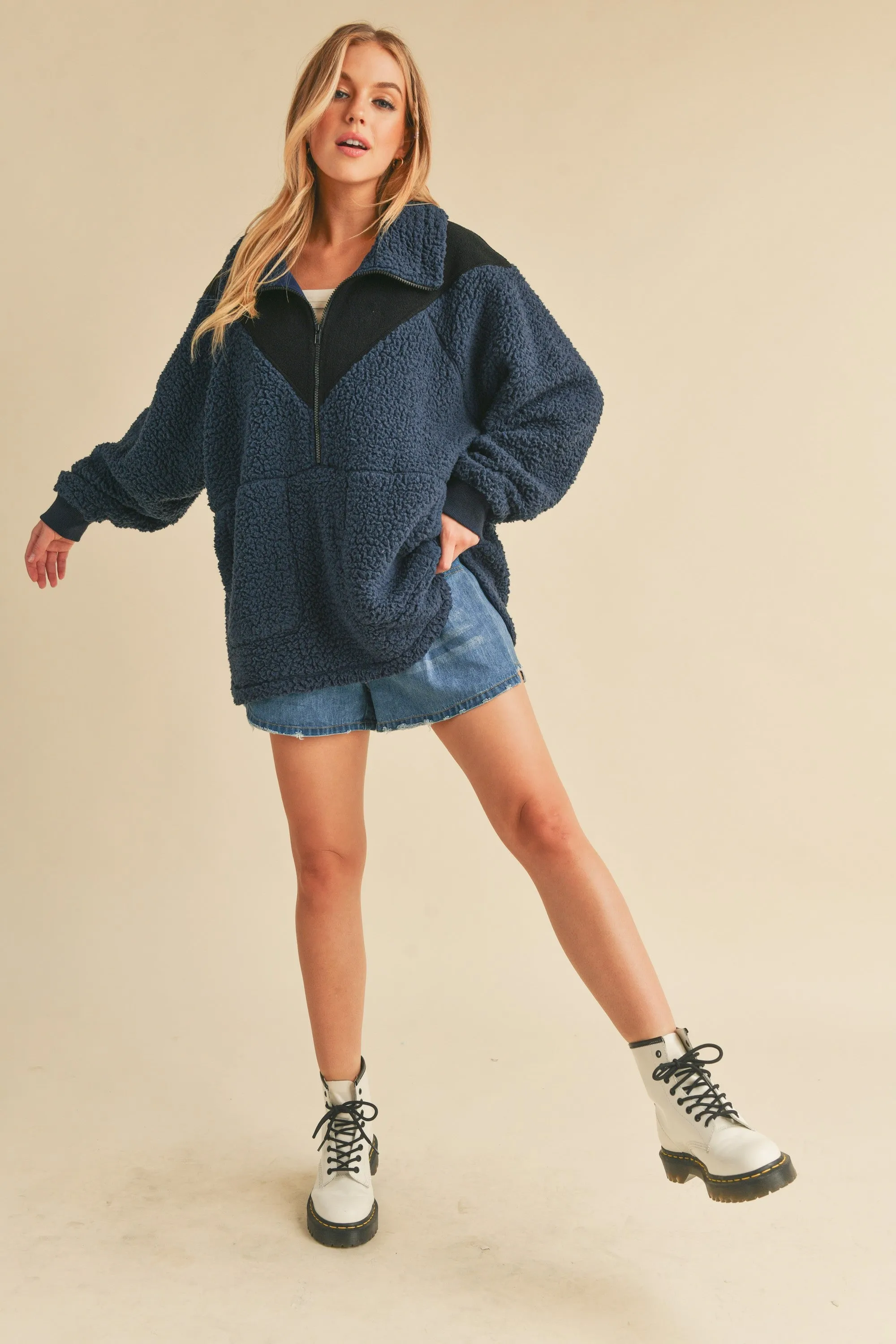 Navy Blue Colorblock Half Zip Fleece Pullover sold by Pinkblush product image thumbnail 3