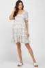Ivory Printed Puff Sleeve Maternity Tiered Dress sold by Pinkblush
