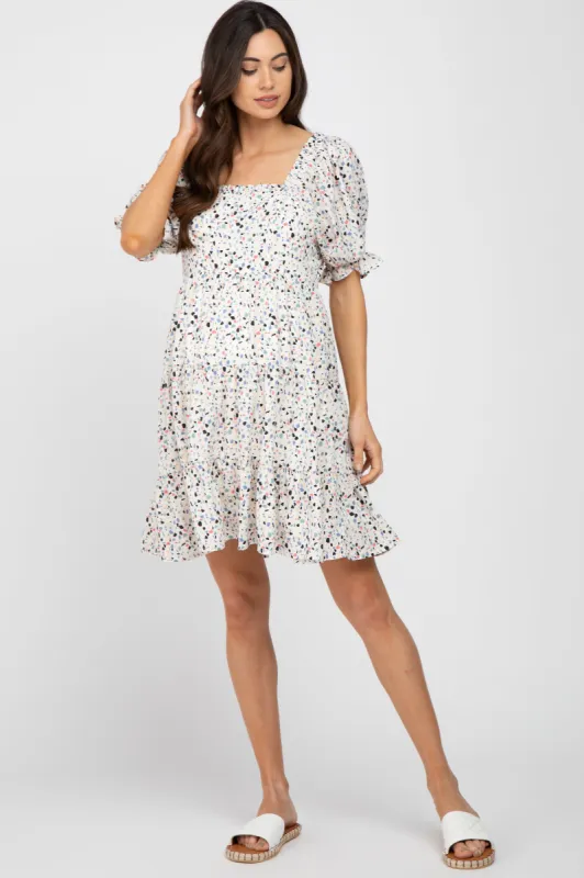 Ivory Printed Puff Sleeve Maternity Tiered Dress sold by Pinkblush