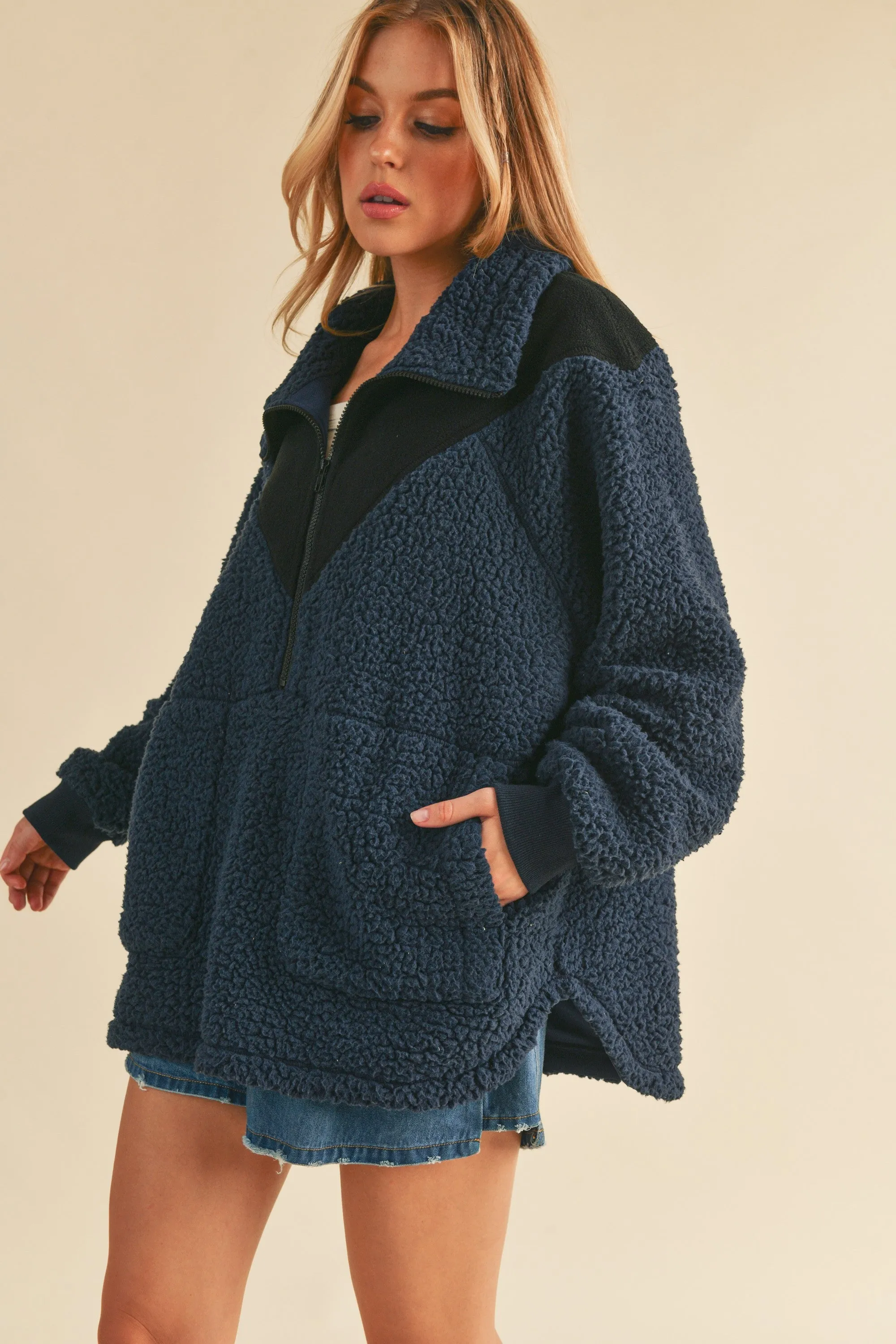 Navy Blue Colorblock Half Zip Fleece Pullover sold by Pinkblush