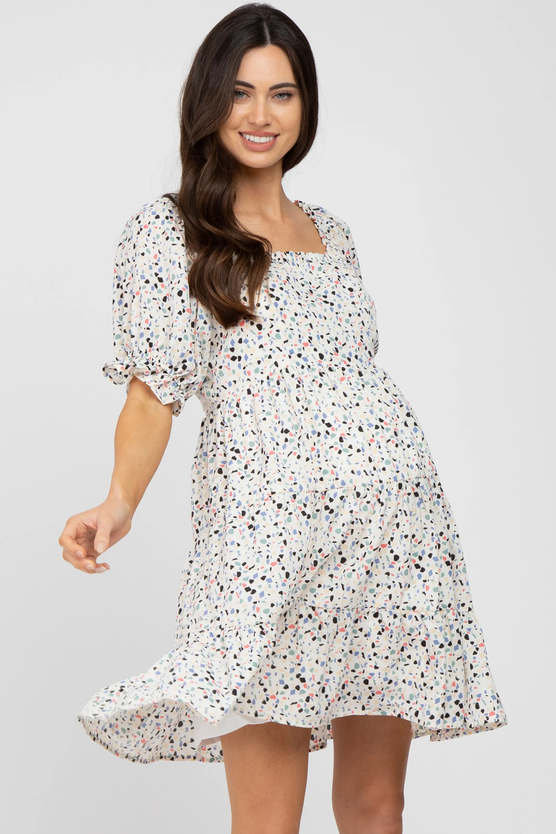 Ivory Printed Puff Sleeve Maternity Tiered Dress sold by Pinkblush product image thumbnail 2