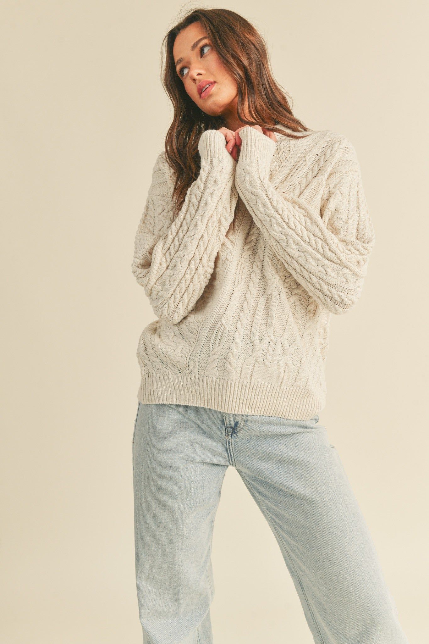 Ivory Chunky Cable Knit Crew Neck Sweater sold by Pinkblush product image thumbnail 2