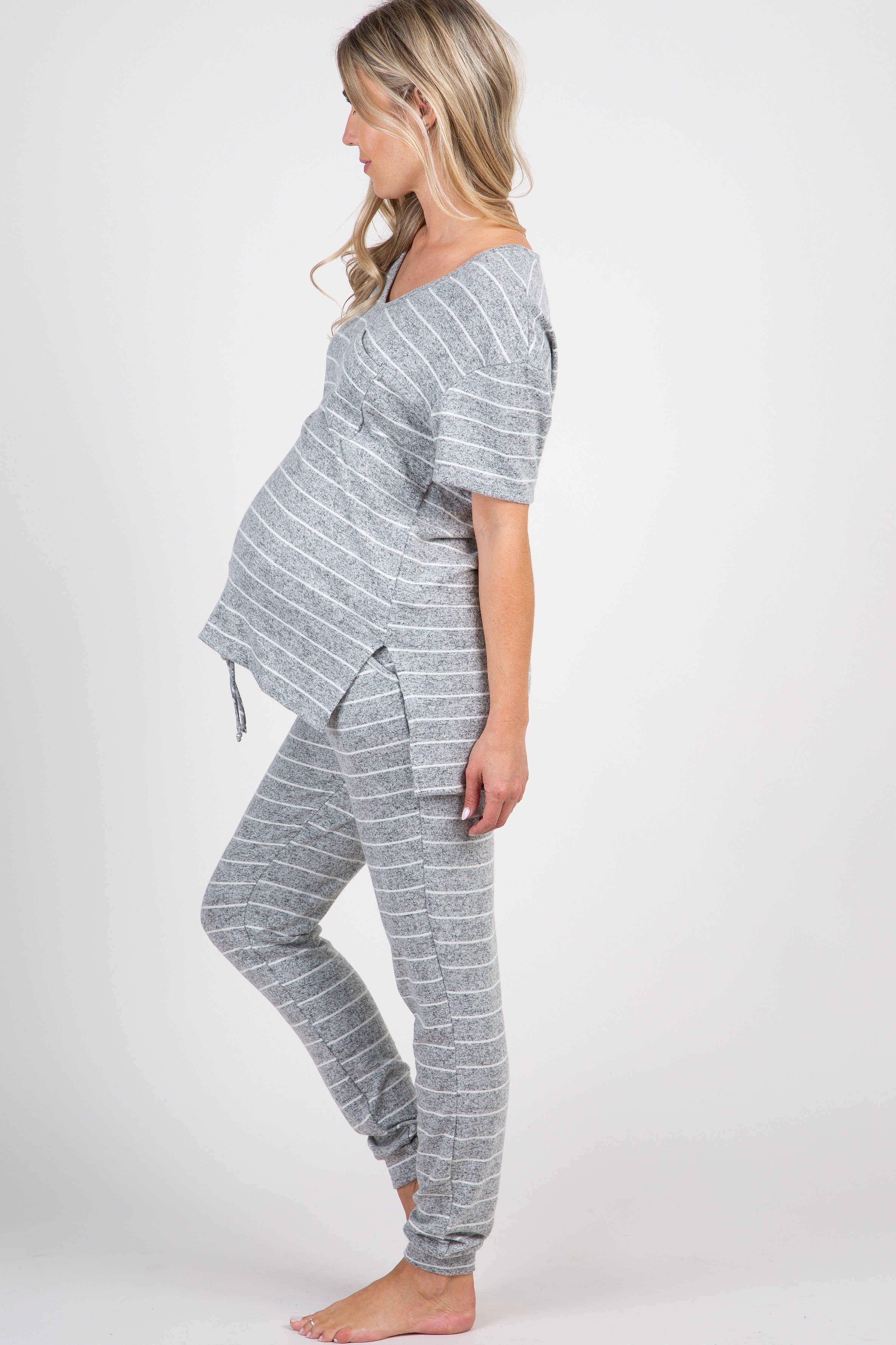 PinkBlush Heather Grey Striped Pocket Front Maternity Pajama Set sold by Pinkblush product image thumbnail 2
