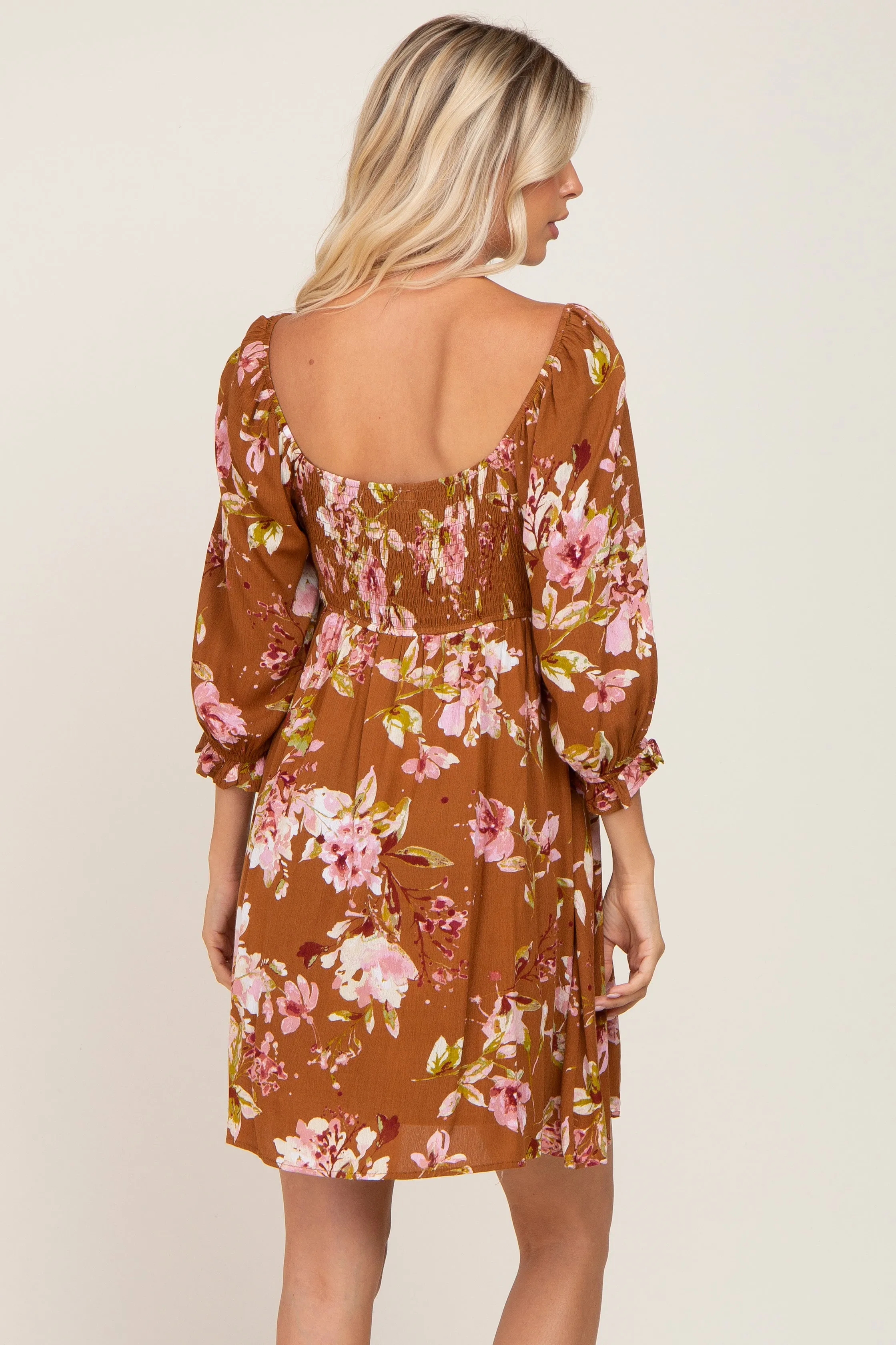 Camel Floral Smocked Dress sold by Pinkblush product image thumbnail 3