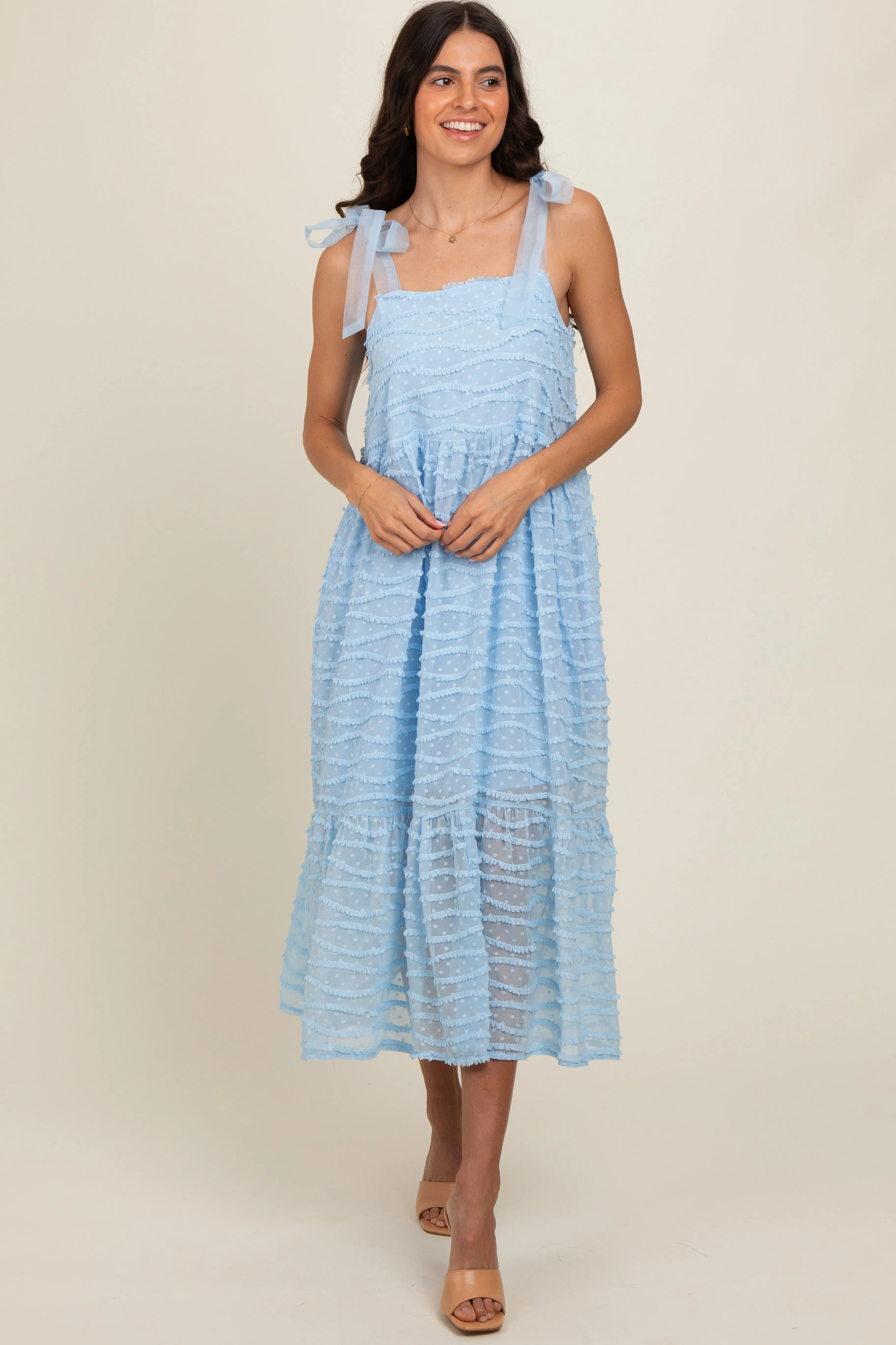 Light Blue Textured Shoulder Tie Midi Dress sold by Pinkblush