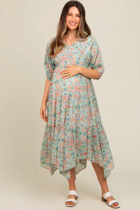 Mint Green Floral Border Print V-Neck Tiered Maternity Midi Dress sold by Pinkblush