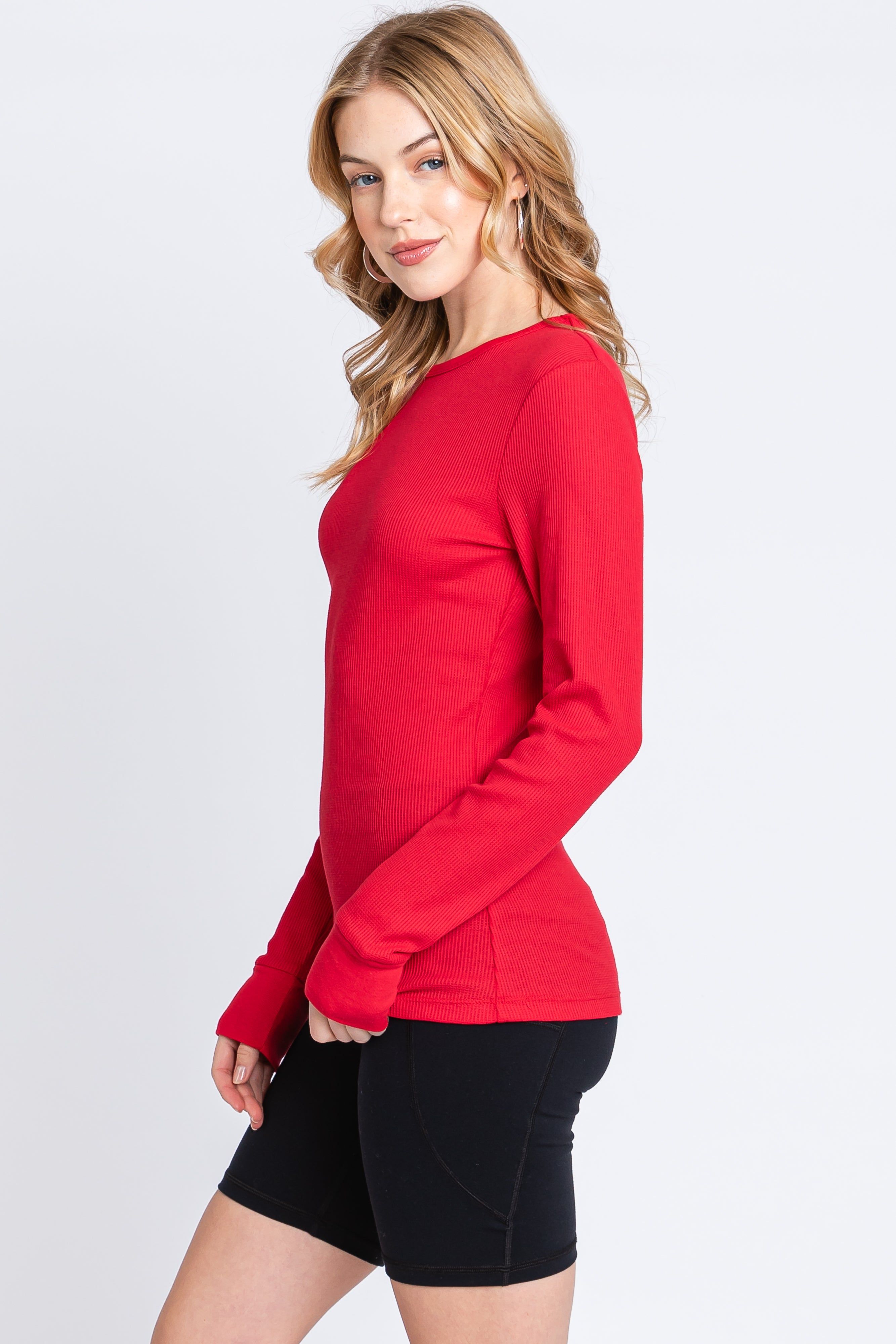 Red Waffle Knit Basic Long Sleeve Top sold by Pinkblush product image thumbnail 2