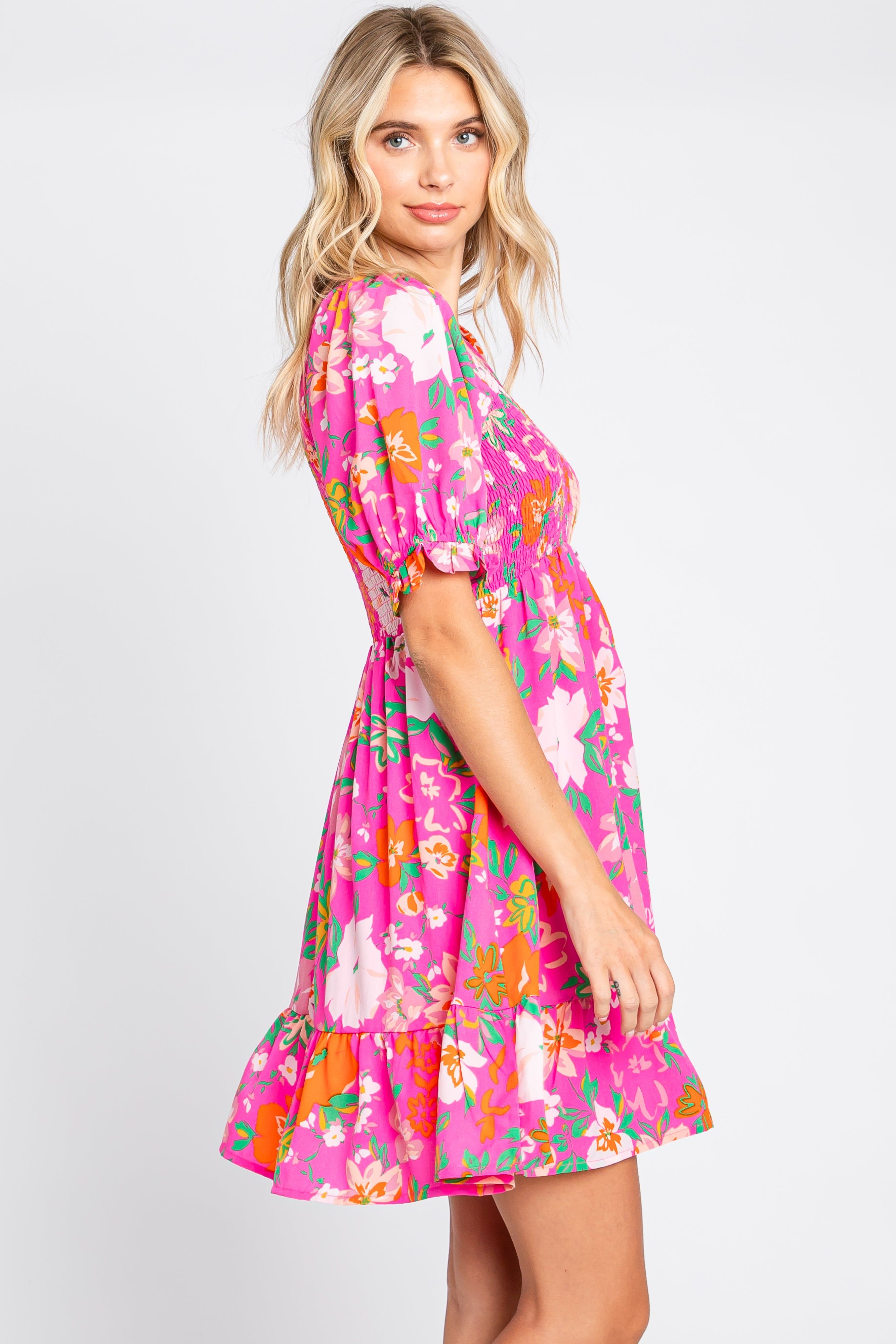 Fuchsia Floral Smocked Puff Sleeve Dress sold by Pinkblush product image thumbnail 2