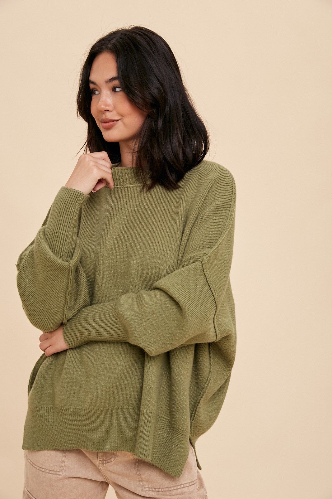 Light Olive Knit Mock Neck Sweater sold by Pinkblush