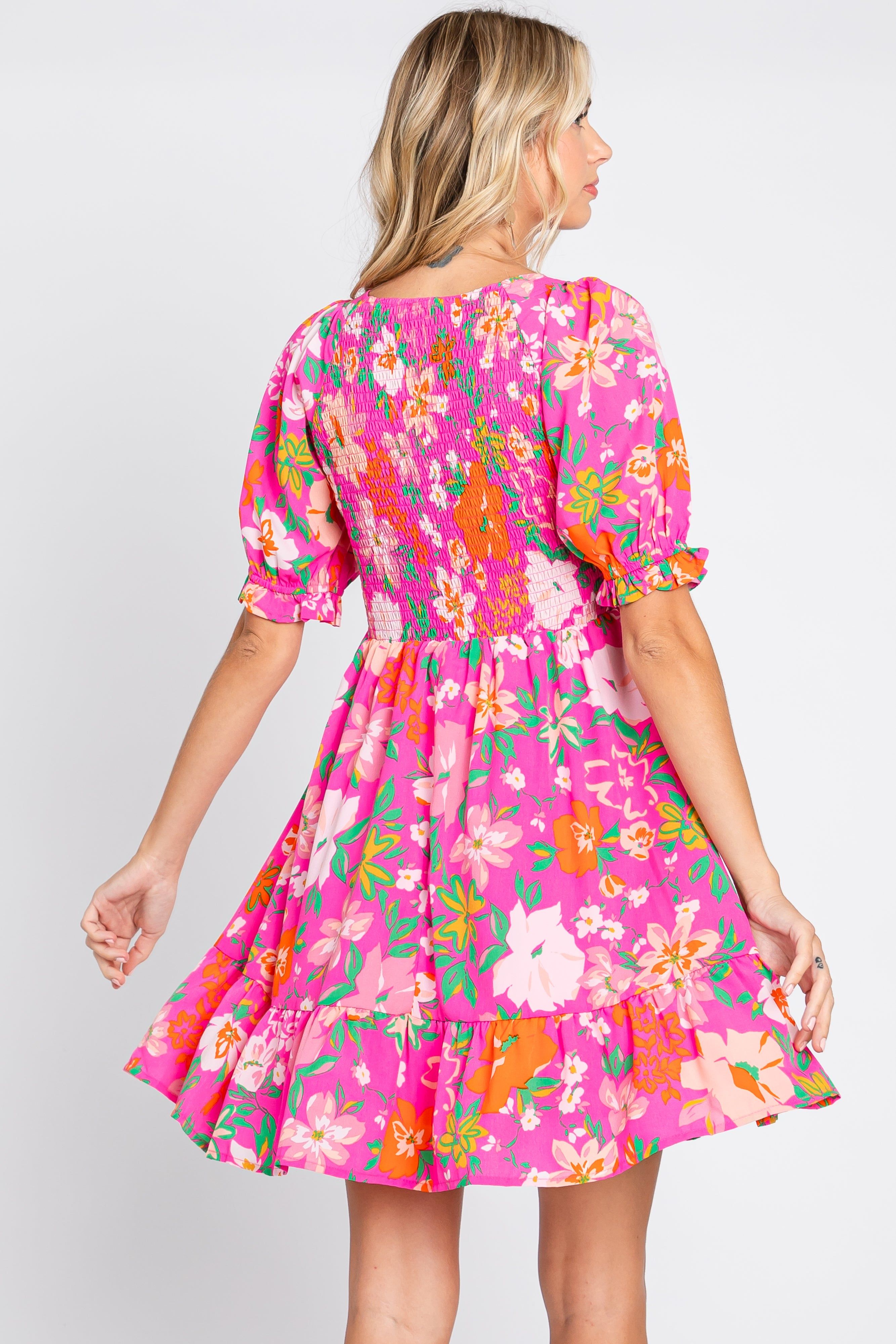 Fuchsia Floral Smocked Puff Sleeve Dress sold by Pinkblush product image thumbnail 3