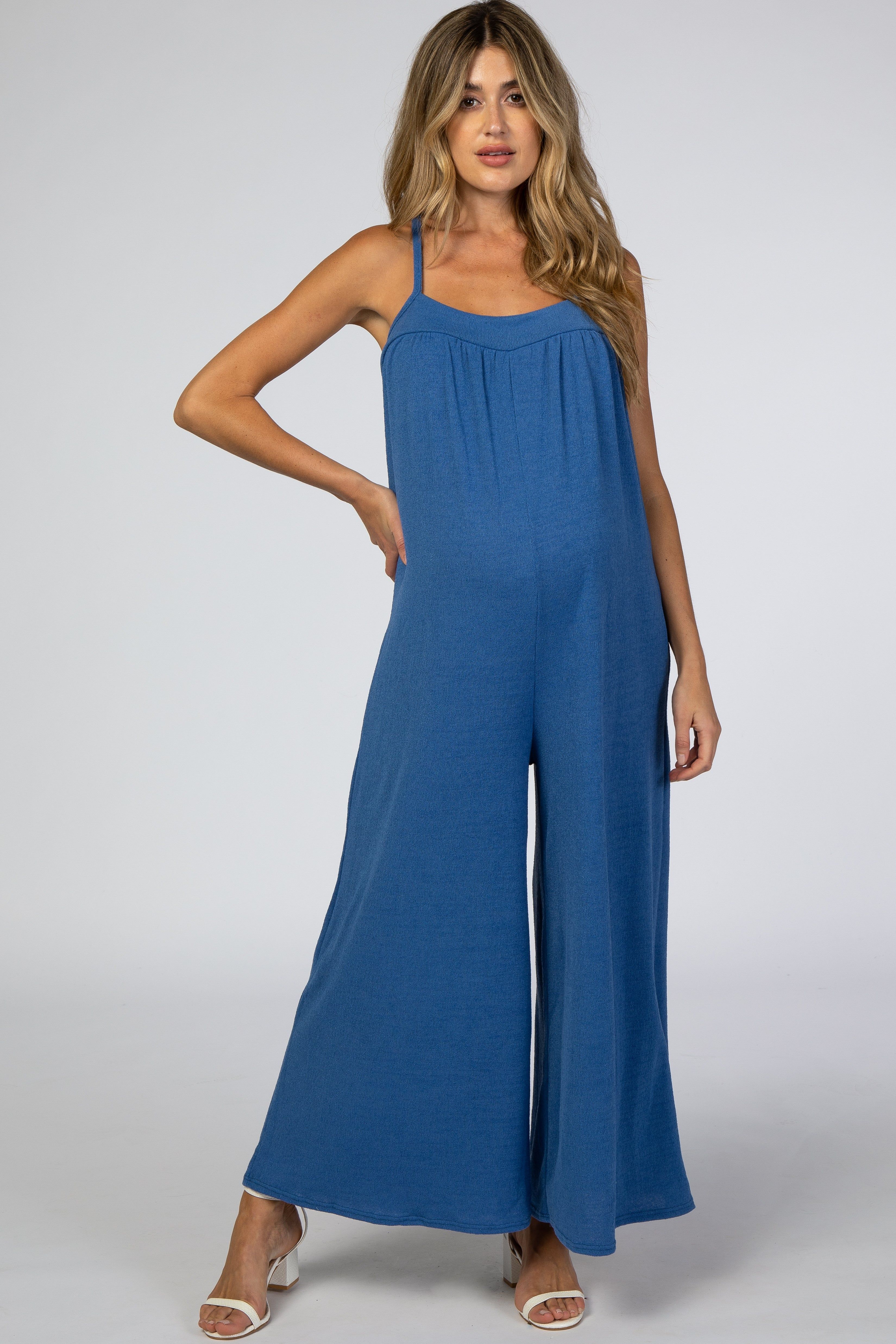 Blue French Terry Wide Leg Maternity Jumpsuit sold by Pinkblush
