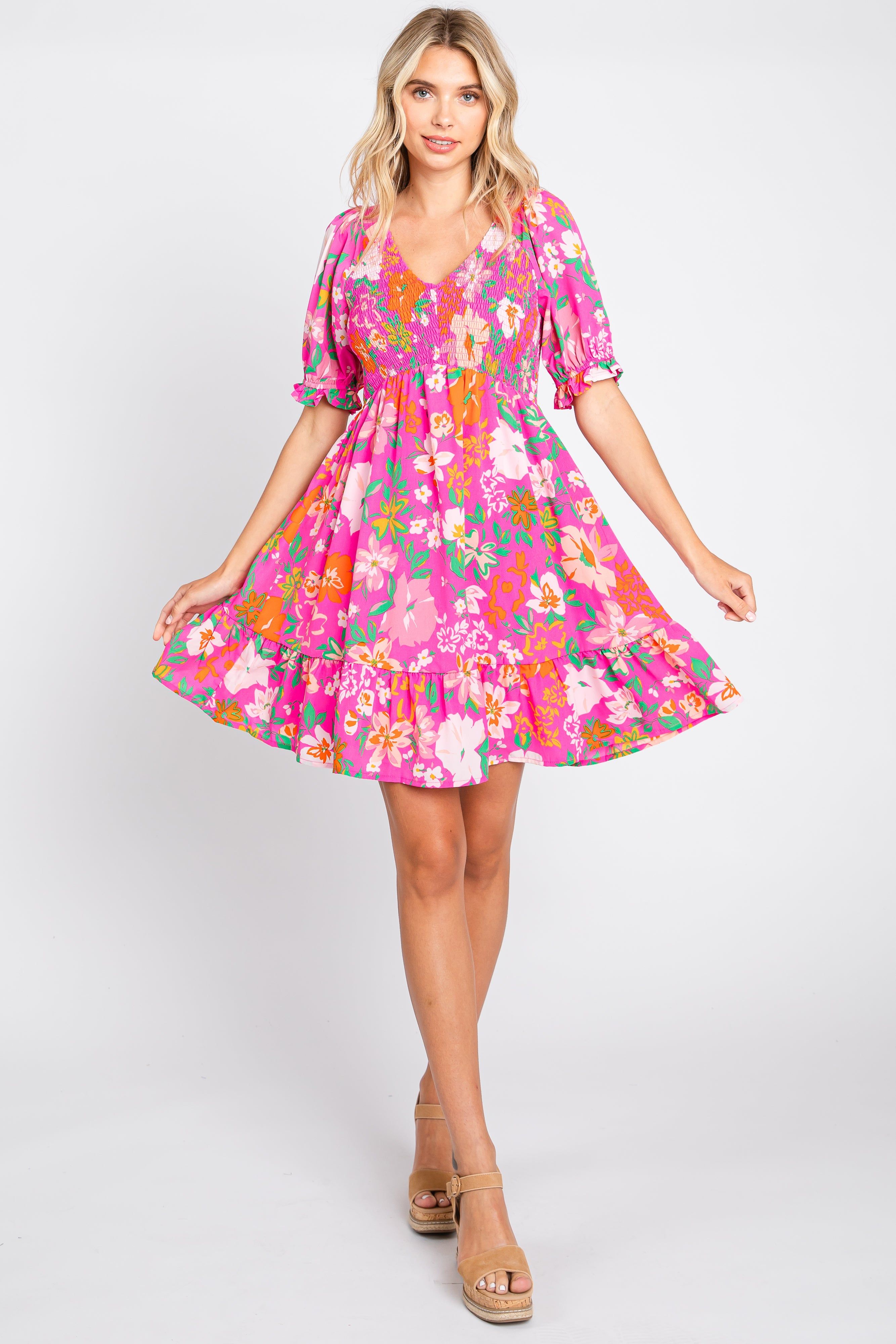 Fuchsia Floral Smocked Puff Sleeve Dress sold by Pinkblush product image thumbnail 4