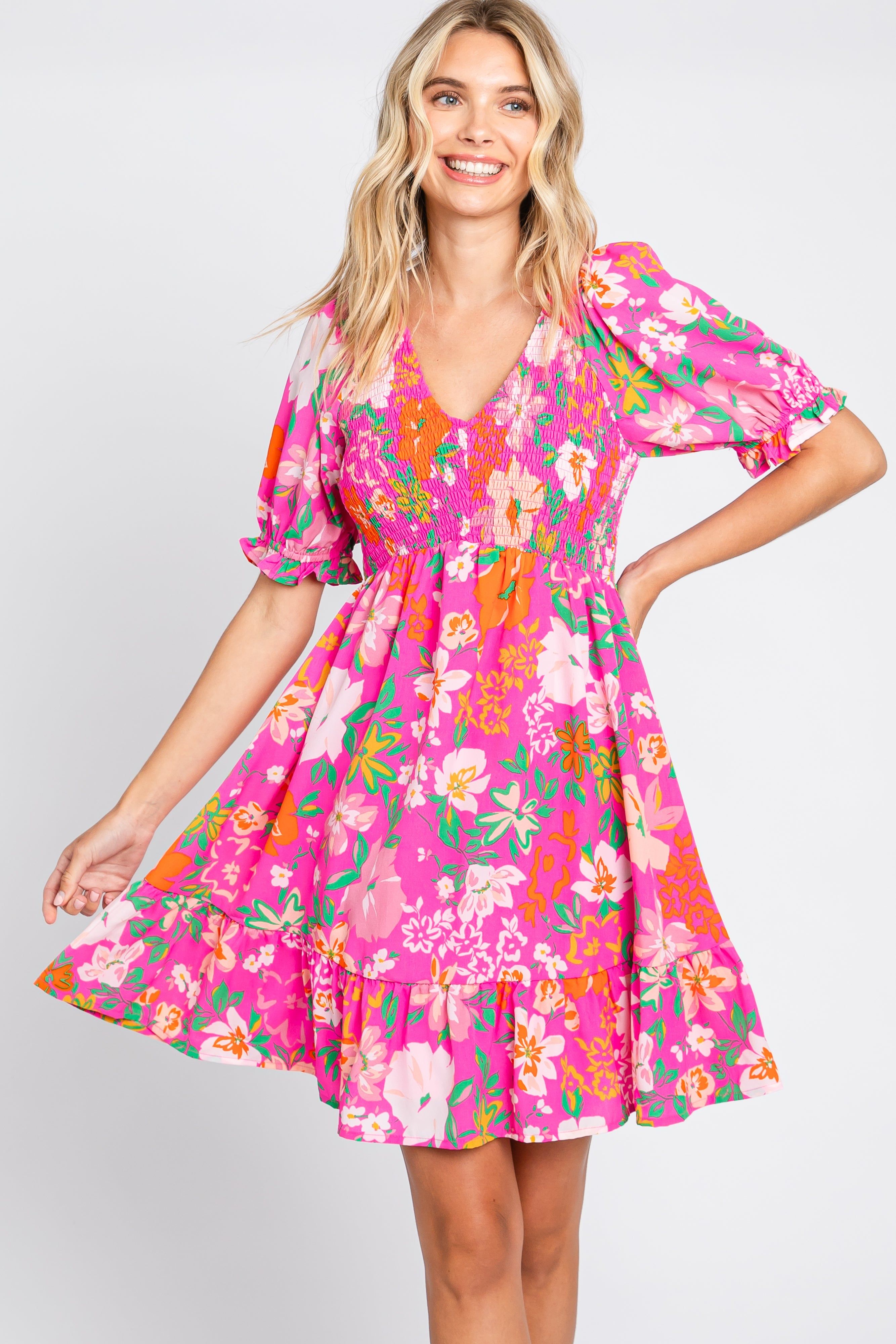 Fuchsia Floral Smocked Puff Sleeve Dress sold by Pinkblush