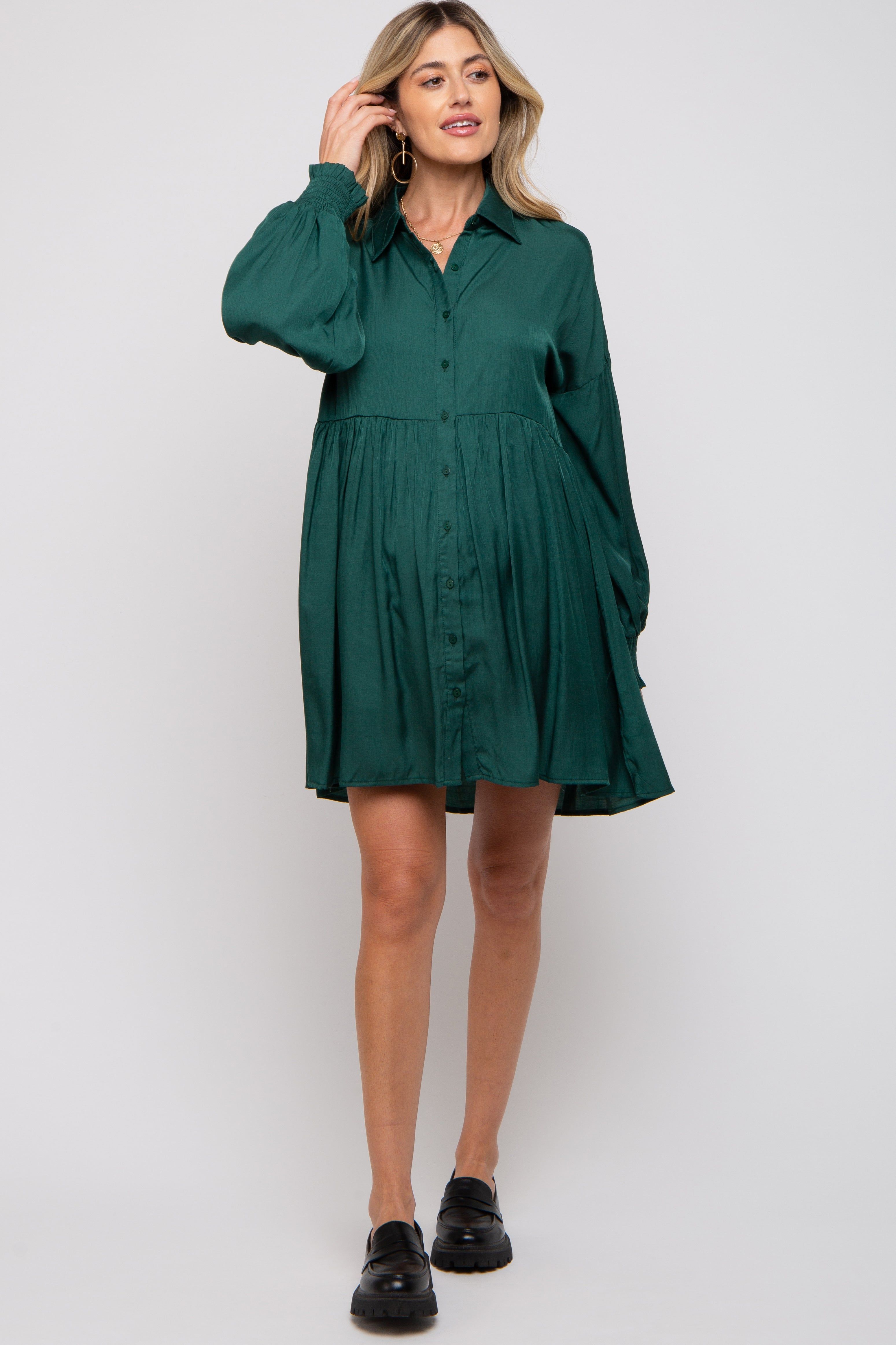 Forest Green Button Down Maternity Dress sold by Pinkblush