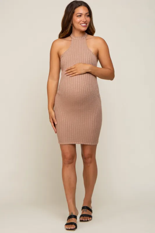 Taupe Textured Knit Halter Fitted Maternity Dress sold by Pinkblush