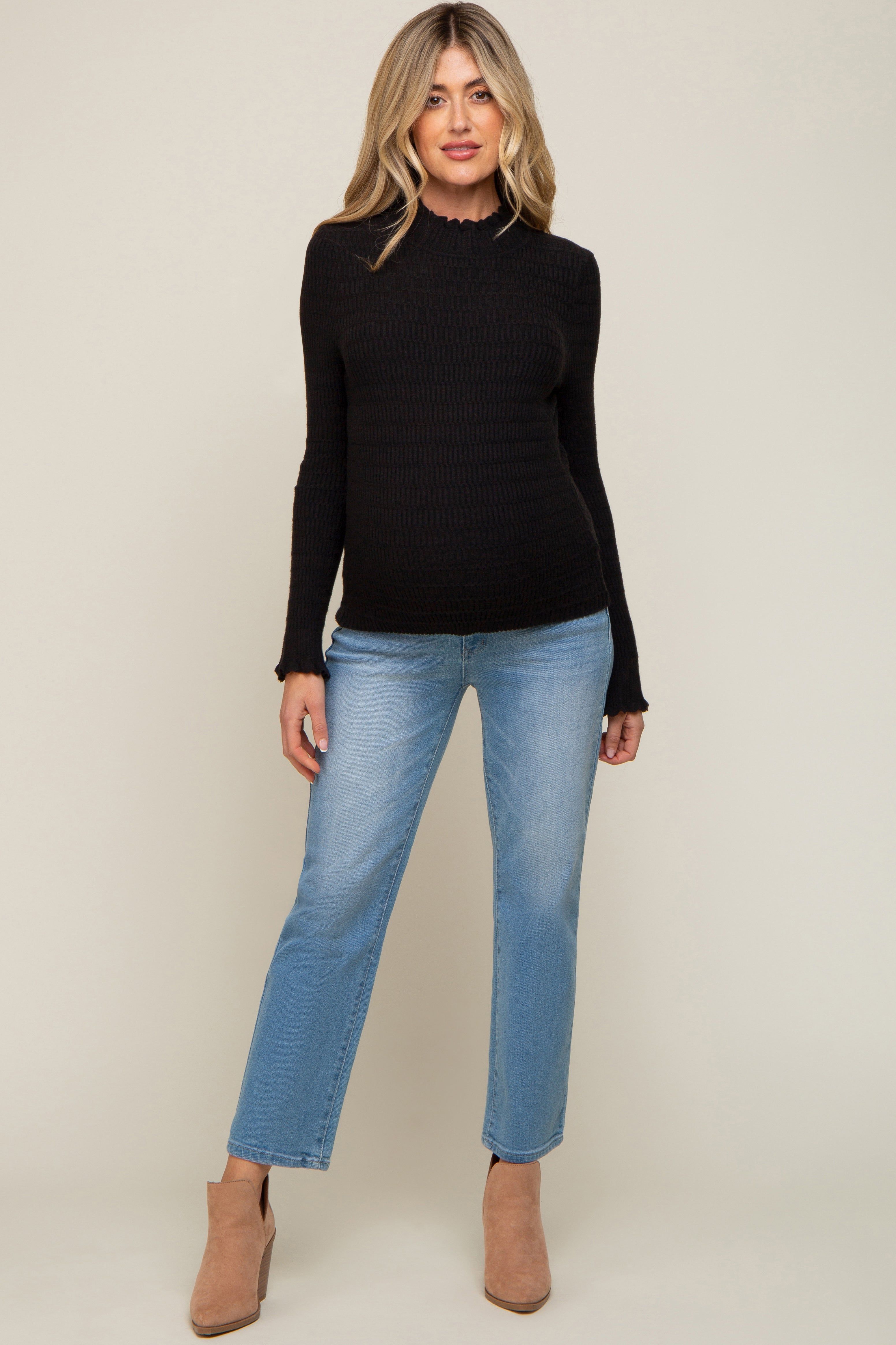 Black Textured Knit Ruffle Mock Neck Maternity Top sold by Pinkblush product image thumbnail 4
