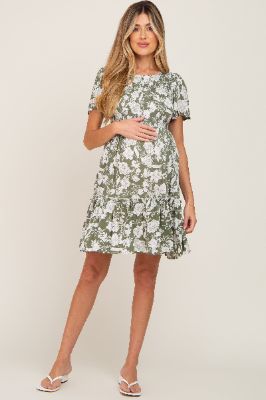 Light Olive Floral Smocked Ruffle Accent Maternity Dress sold by Pinkblush