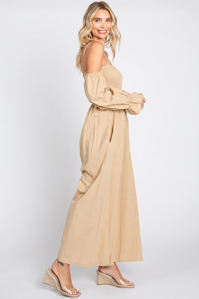 Beige Linen Smocked Off Shoulder Wide Leg Jumpsuit sold by Pinkblush product image thumbnail 2