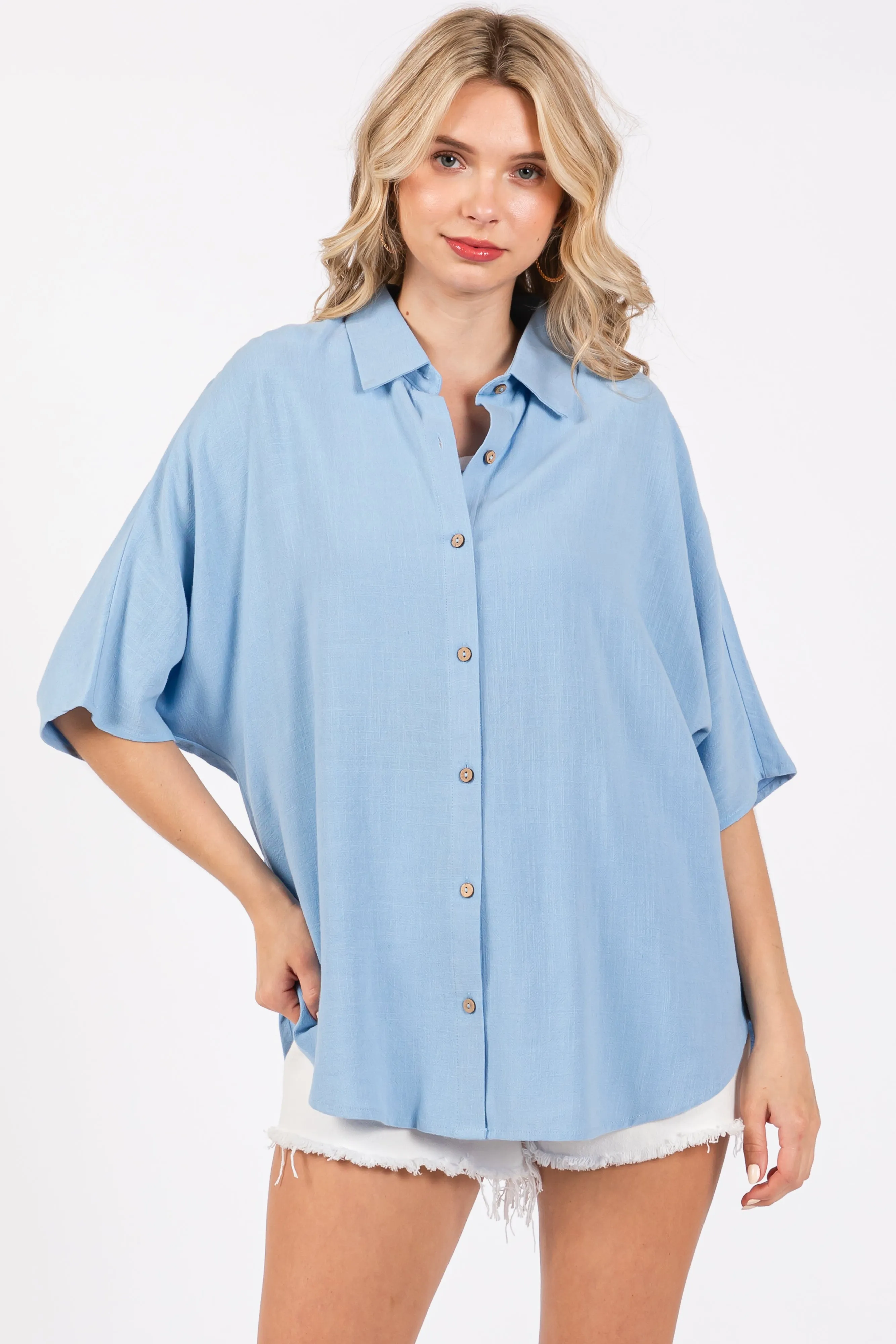 Light Blue Linen Dolman Half Sleeve Button Down Maternity Top sold by Pinkblush product image thumbnail 5