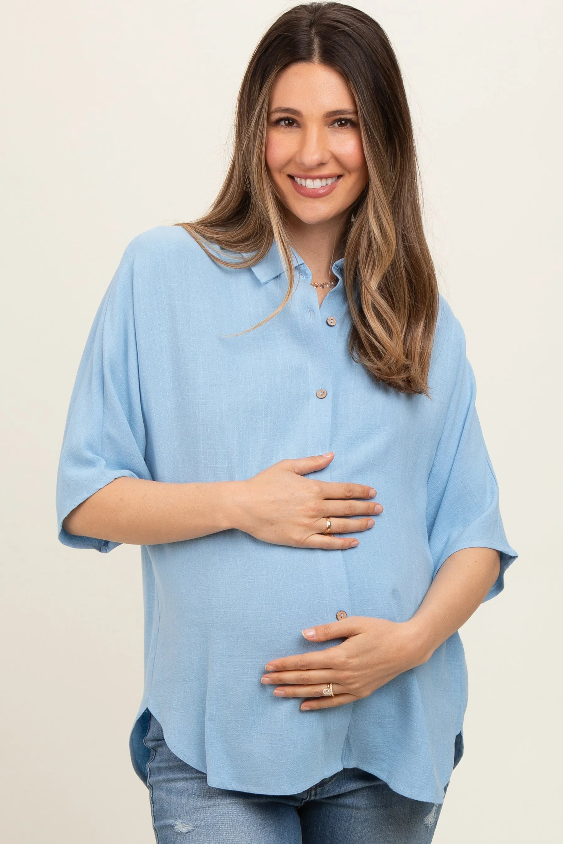 Light Blue Linen Dolman Half Sleeve Button Down Maternity Top sold by Pinkblush product image thumbnail 2