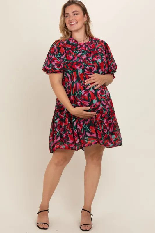 Black Floral Chiffon Mock Neck Tiered Maternity Plus Dress sold by Pinkblush