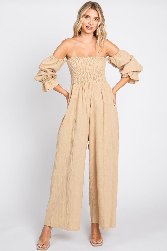 Beige Linen Smocked Off Shoulder Wide Leg Jumpsuit sold by Pinkblush
