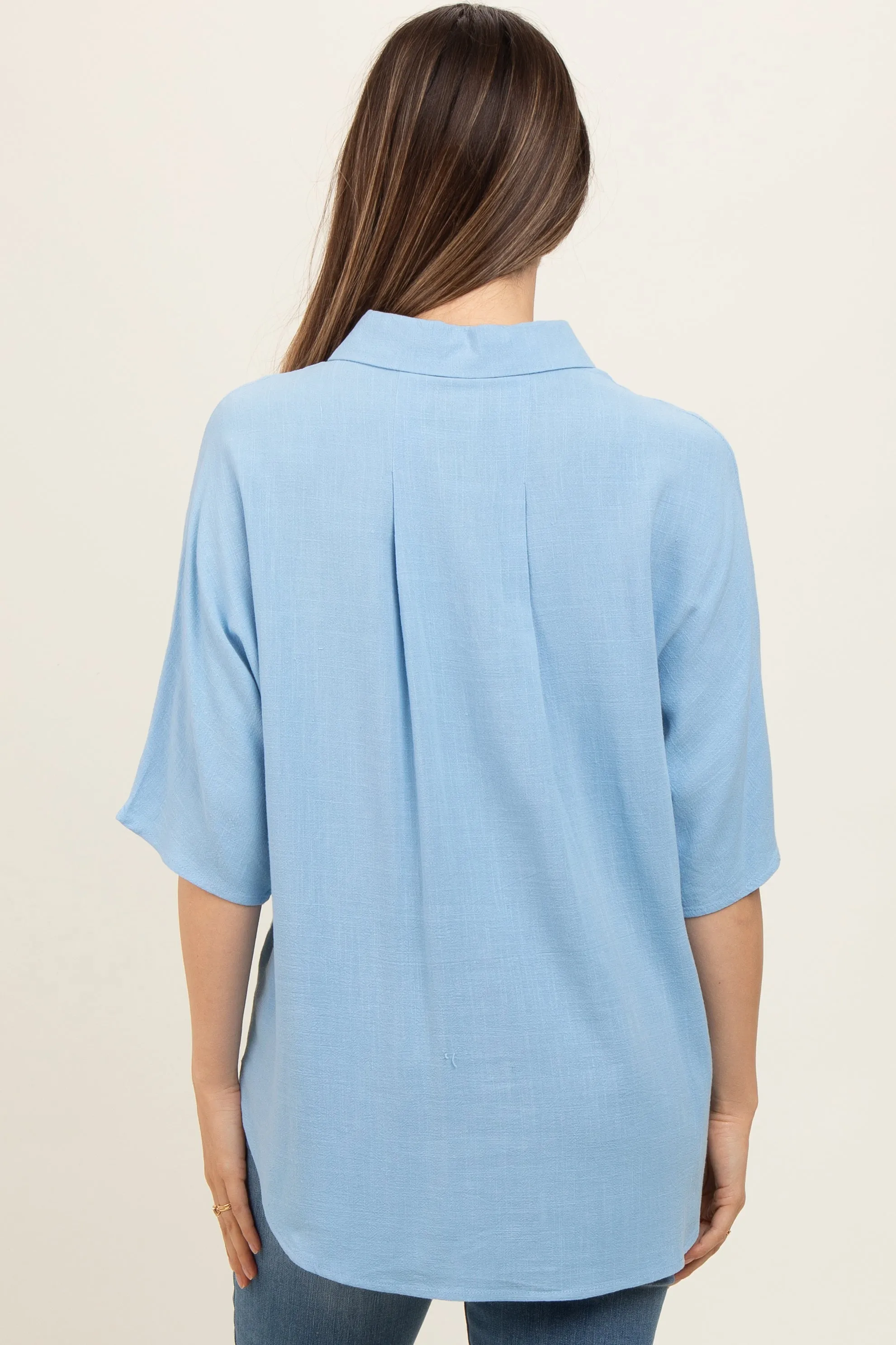 Light Blue Linen Dolman Half Sleeve Button Down Maternity Top sold by Pinkblush product image thumbnail 4