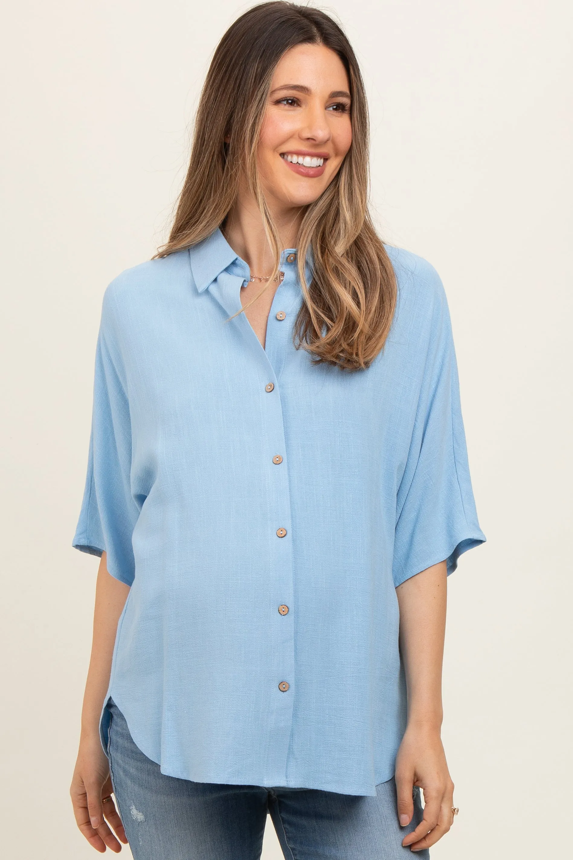 Light Blue Linen Dolman Half Sleeve Button Down Maternity Top sold by Pinkblush