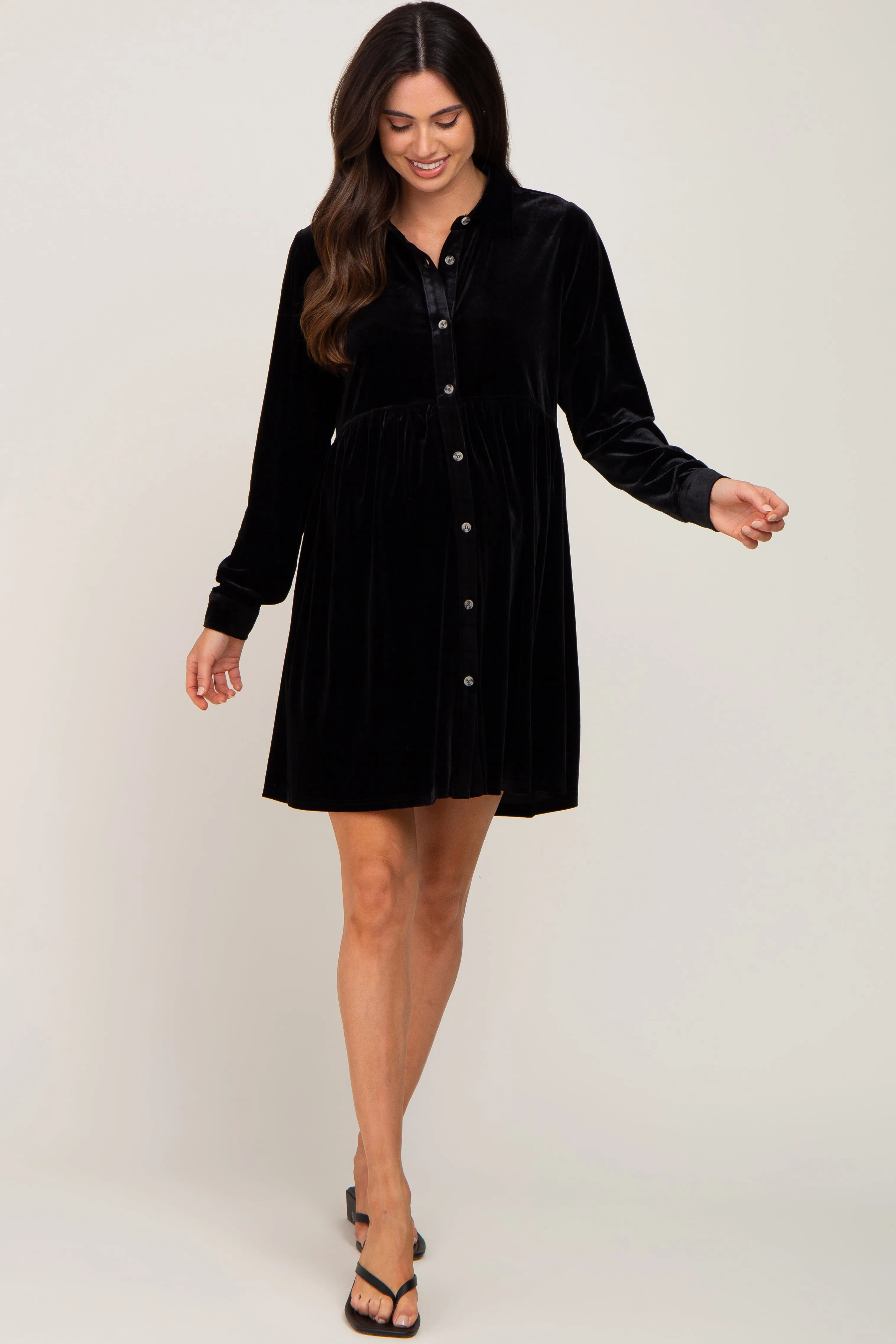 Black Velvet Button Down Maternity Mini Dress sold by Pinkblush product image thumbnail 4
