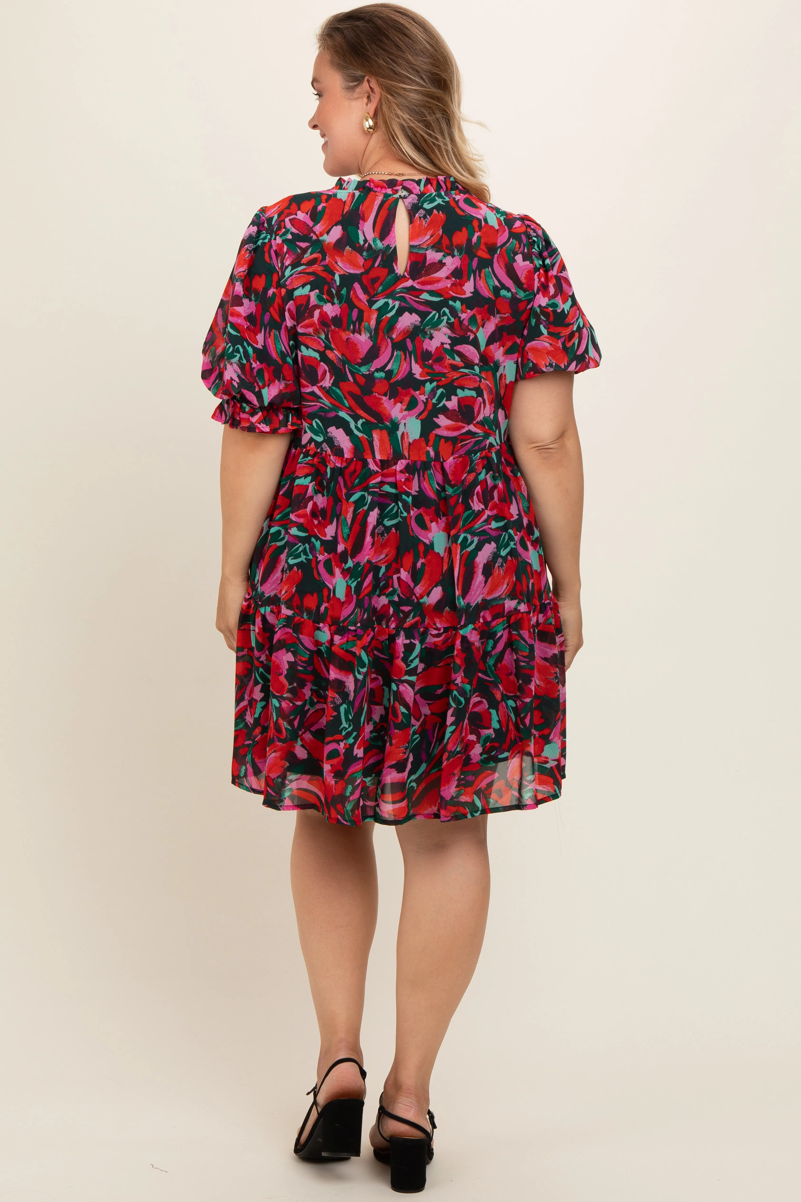 Black Floral Chiffon Mock Neck Tiered Maternity Plus Dress sold by Pinkblush product image thumbnail 3