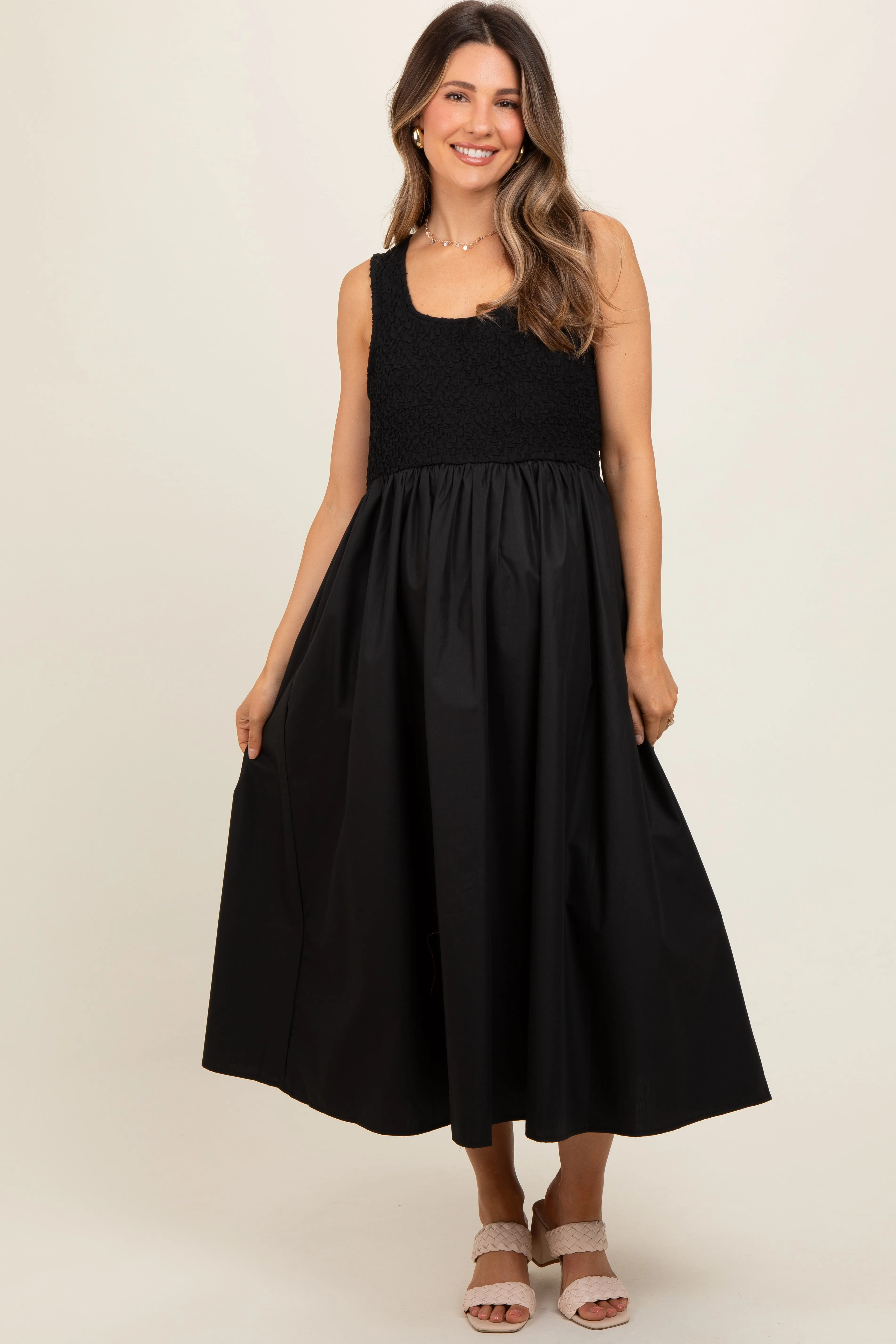 Black Textured Scoop Neck Sleeveless Maternity Midi Dress sold by Pinkblush product image thumbnail 2