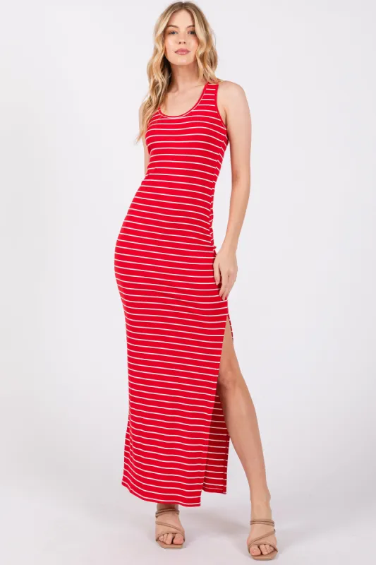 Red Striped Side Slit Maxi Dress sold by Pinkblush
