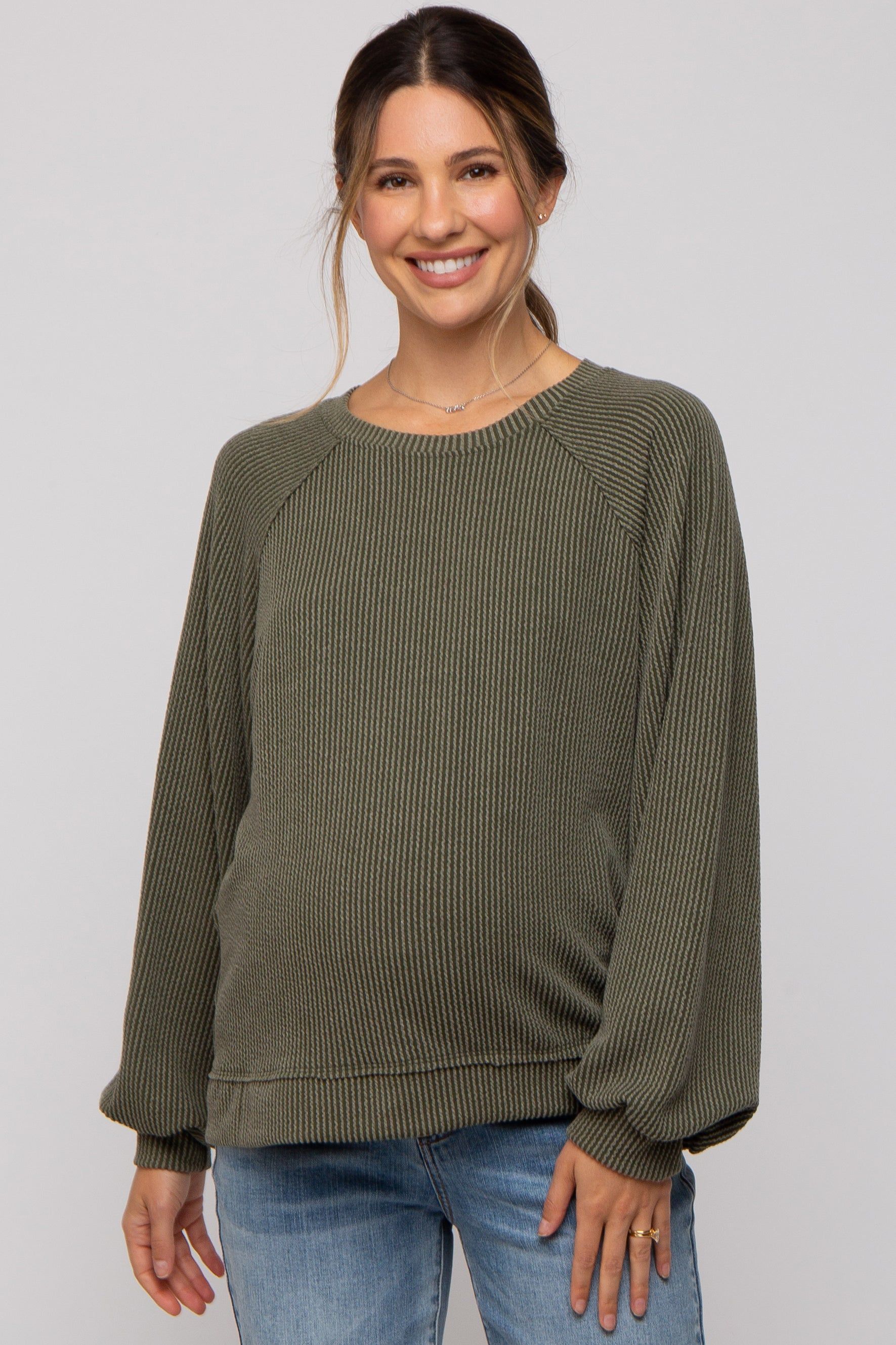 Olive Ribbed Maternity Pullover Top sold by Pinkblush