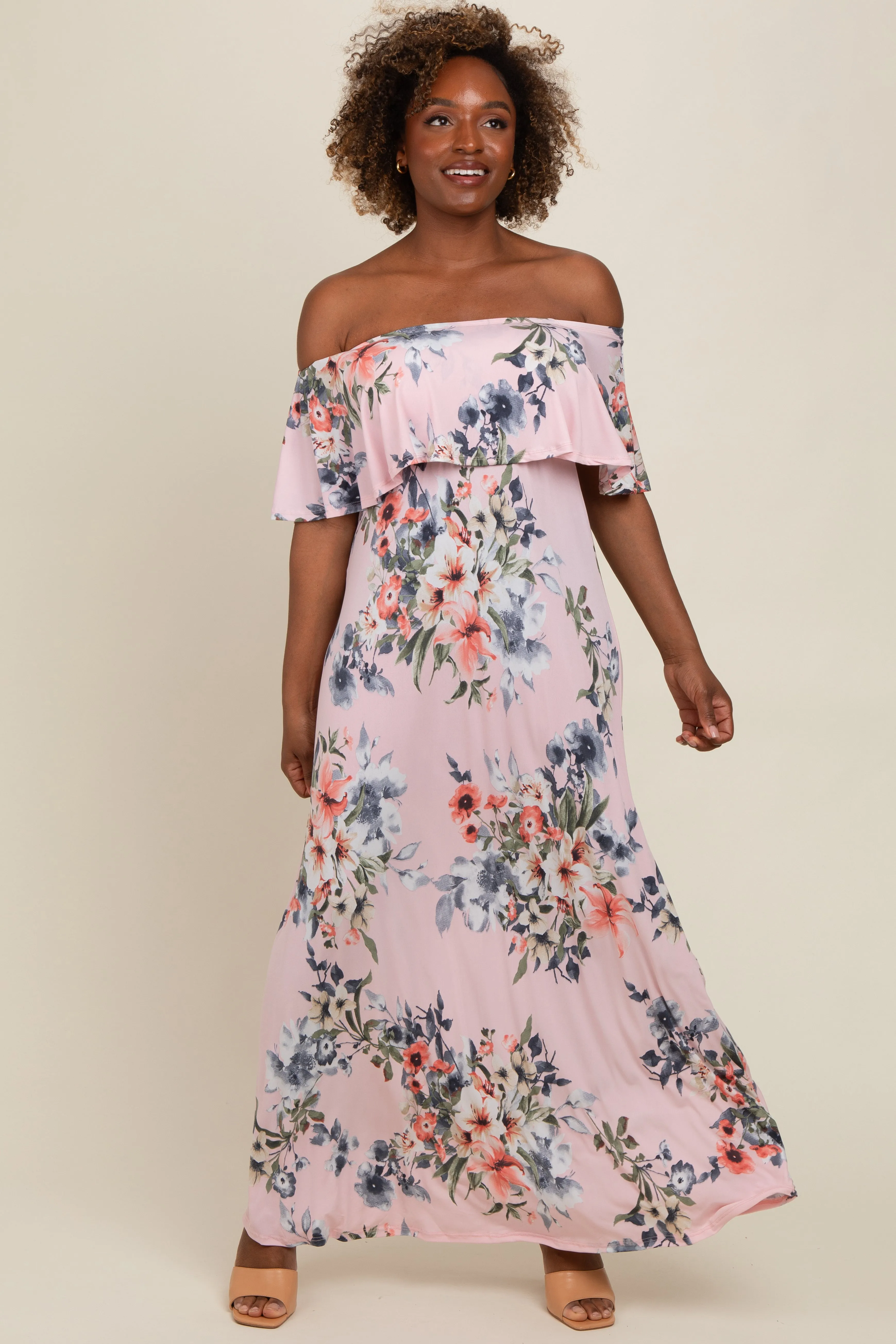 Pink Off Shoulder Floral Ruffle Maxi Dress sold by Pinkblush