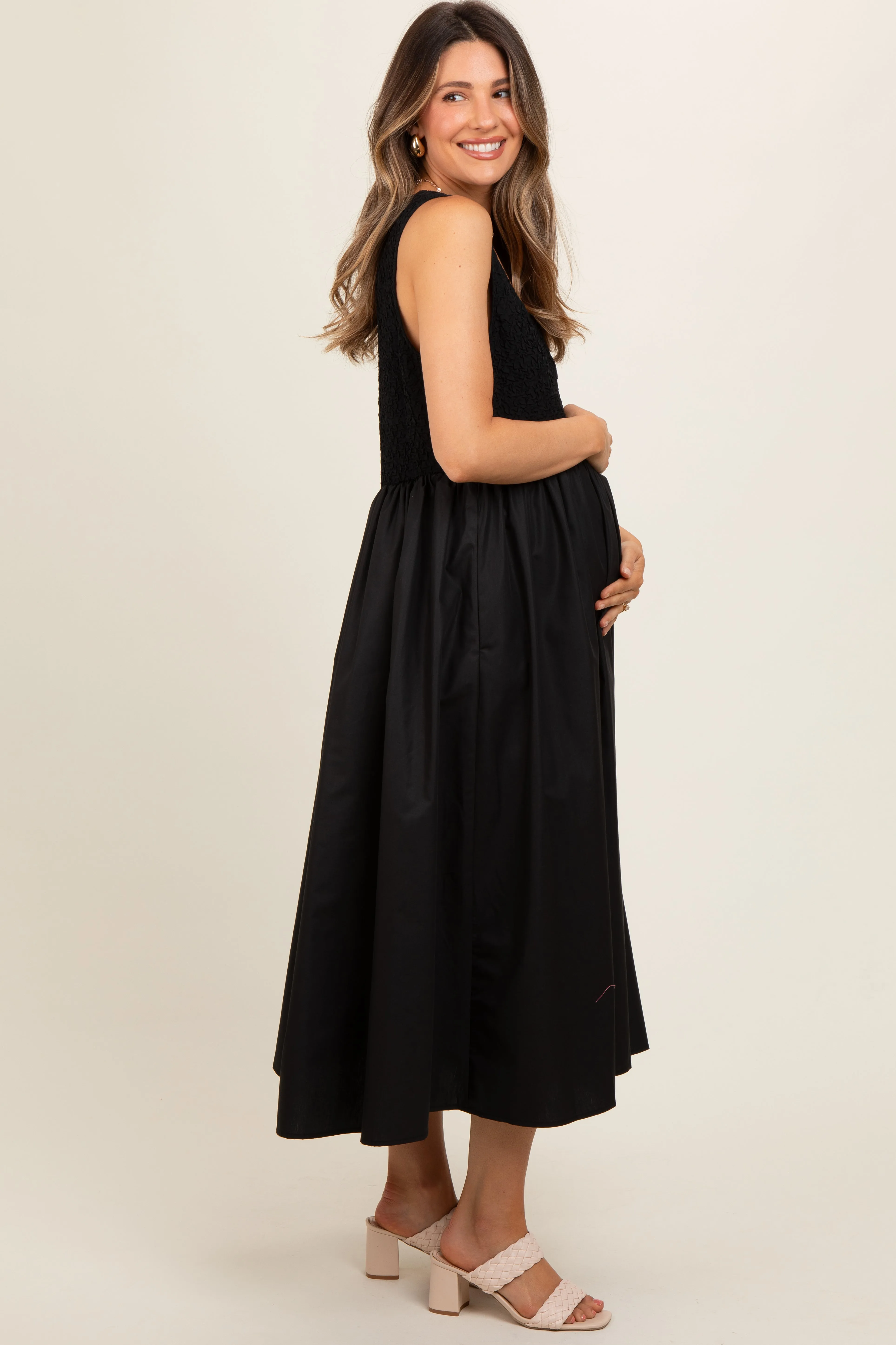 Black Textured Scoop Neck Sleeveless Maternity Midi Dress sold by Pinkblush product image thumbnail 3