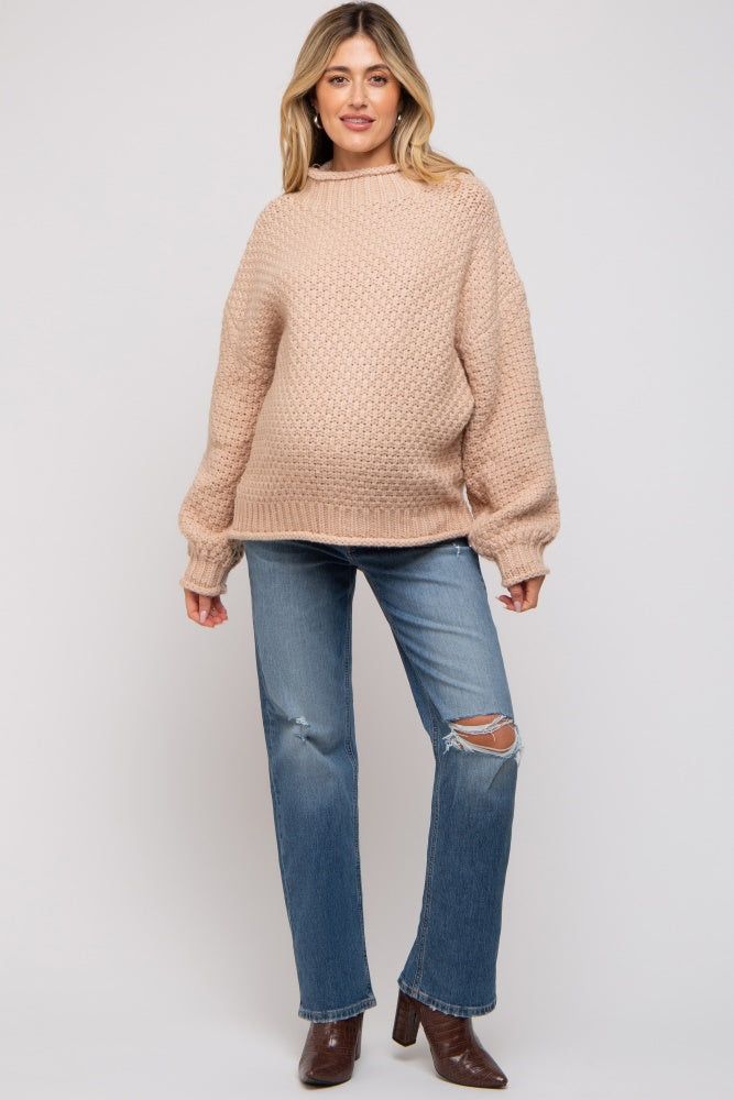 Beige Chunky Knit Mock Neck Maternity Sweater sold by Pinkblush product image thumbnail 4