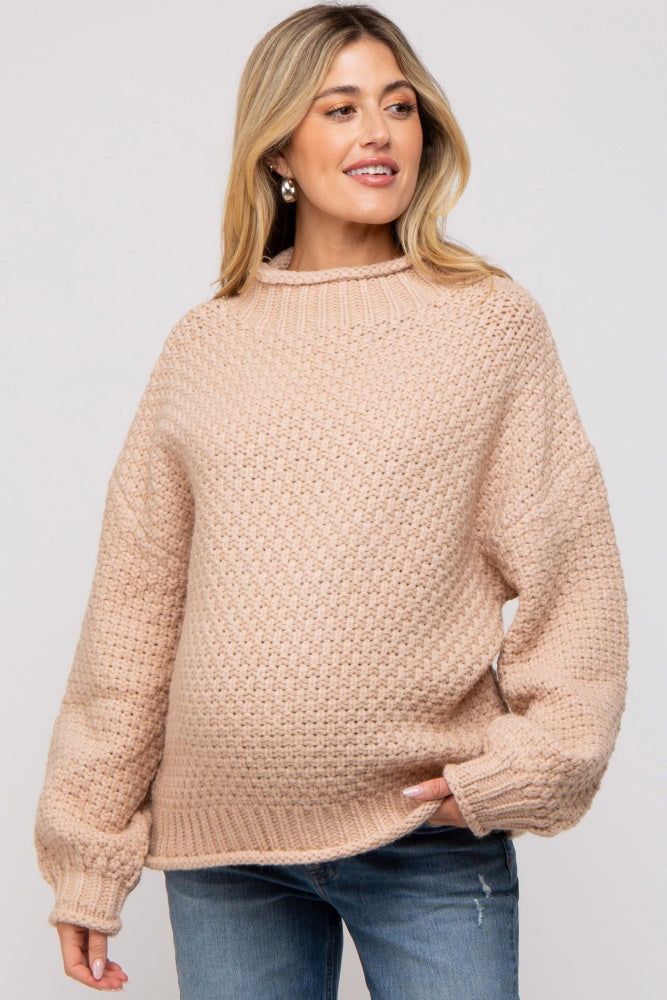 Beige Chunky Knit Mock Neck Maternity Sweater sold by Pinkblush