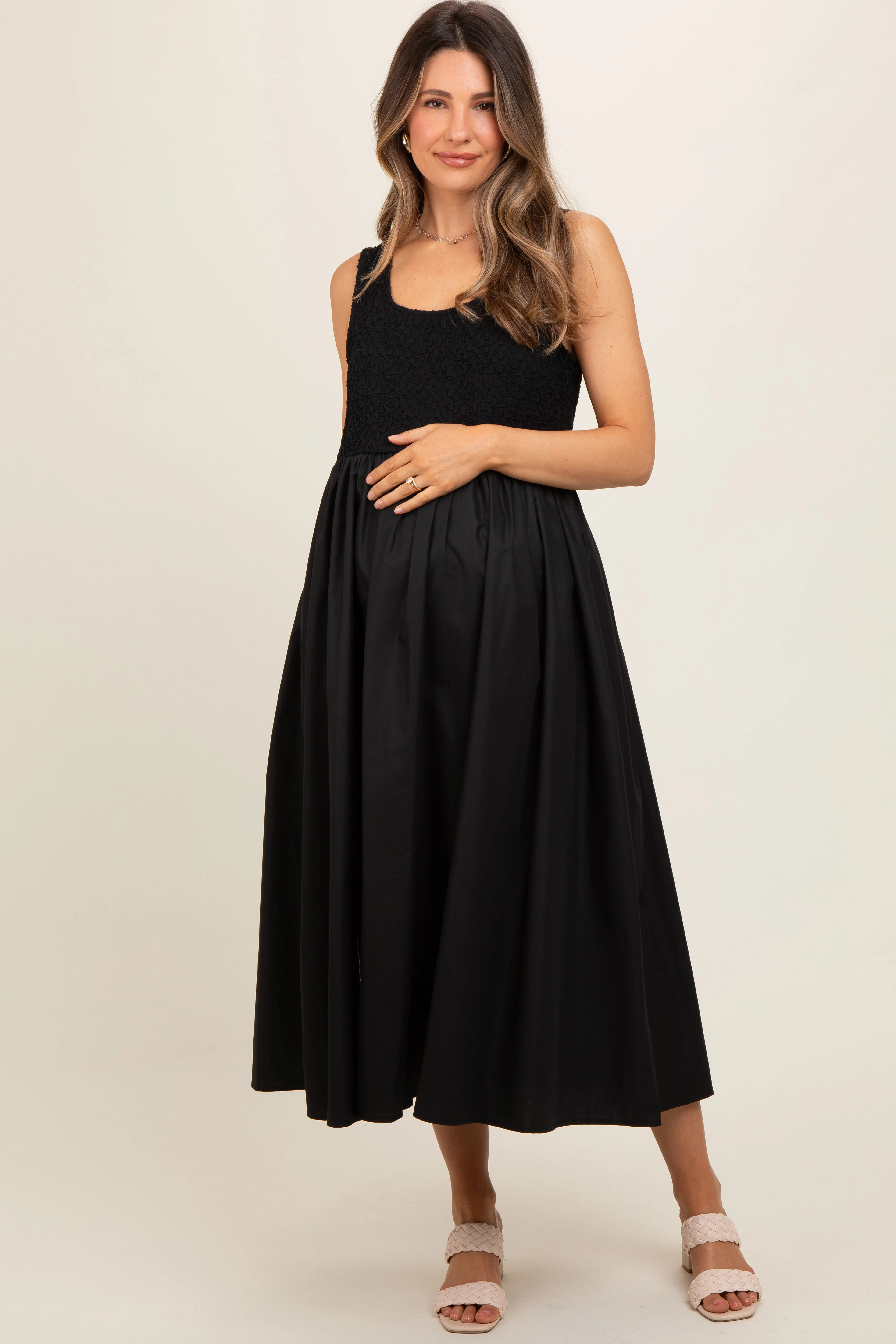 Black Textured Scoop Neck Sleeveless Maternity Midi Dress sold by Pinkblush