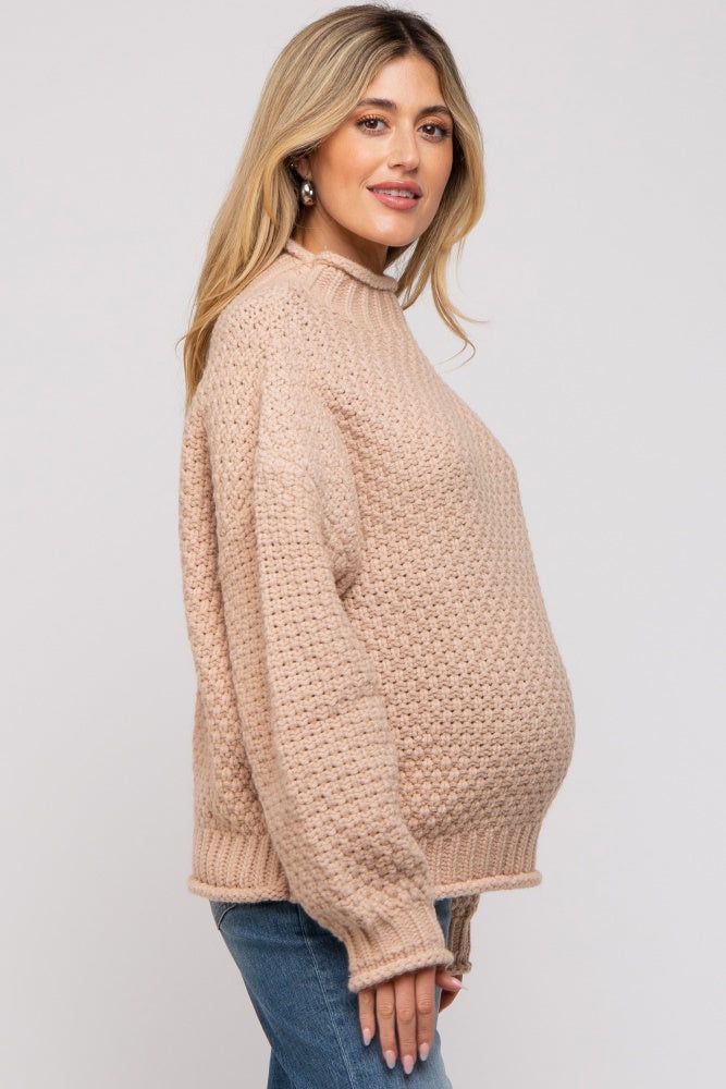 Beige Chunky Knit Mock Neck Maternity Sweater sold by Pinkblush product image thumbnail 2