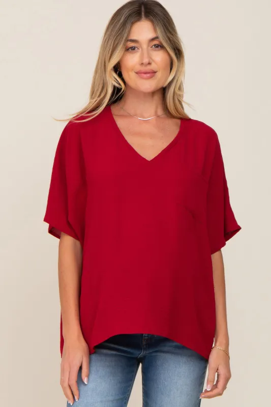 Red Oversized V-Neck Pocket Front Maternity Blouse sold by Pinkblush