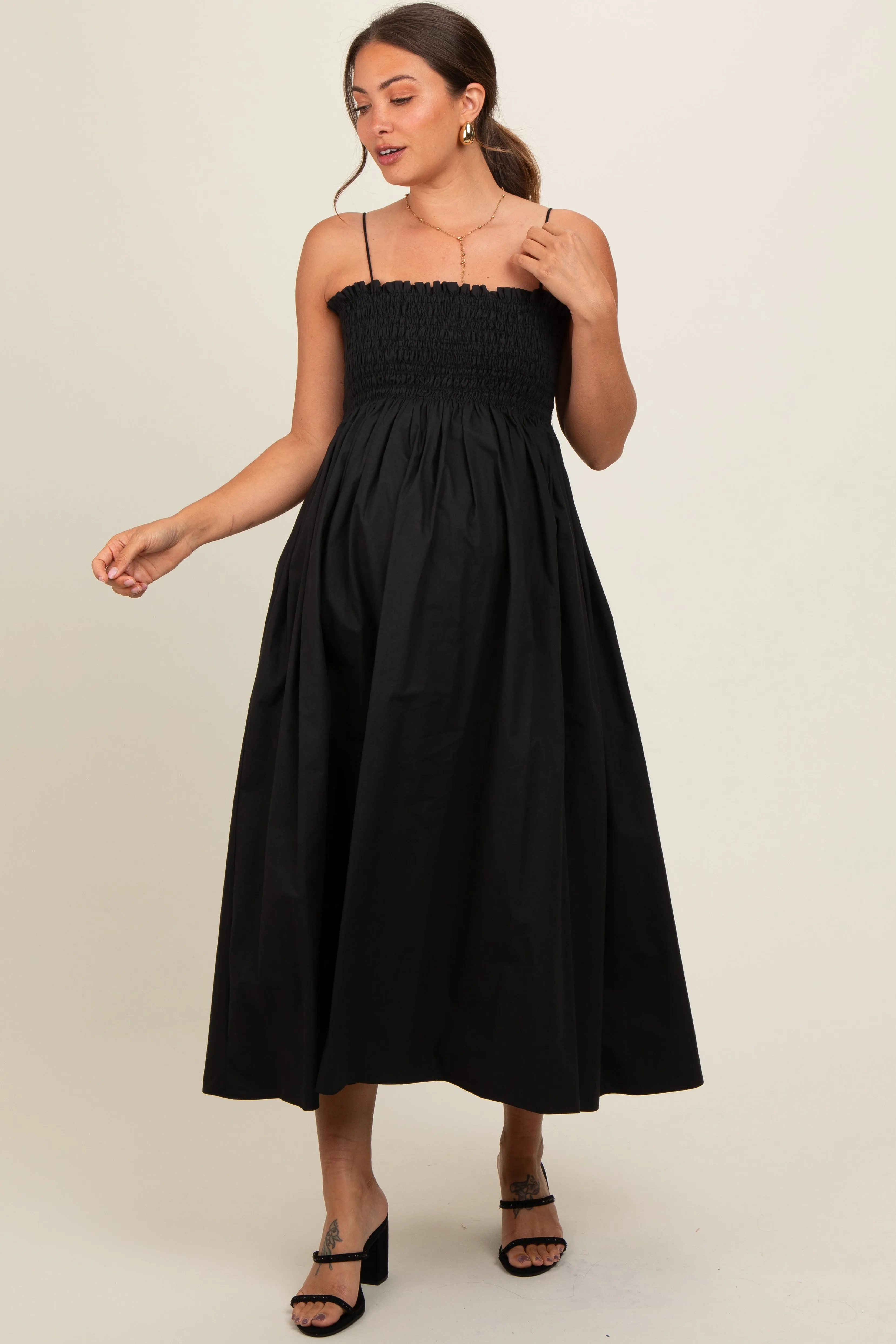 Black Smocked Pocketed Maternity Midi Dress sold by Pinkblush