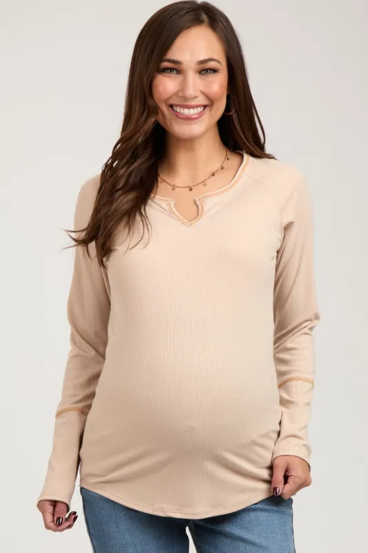 Beige V-Neck Maternity Long Sleeve Shirt sold by Pinkblush