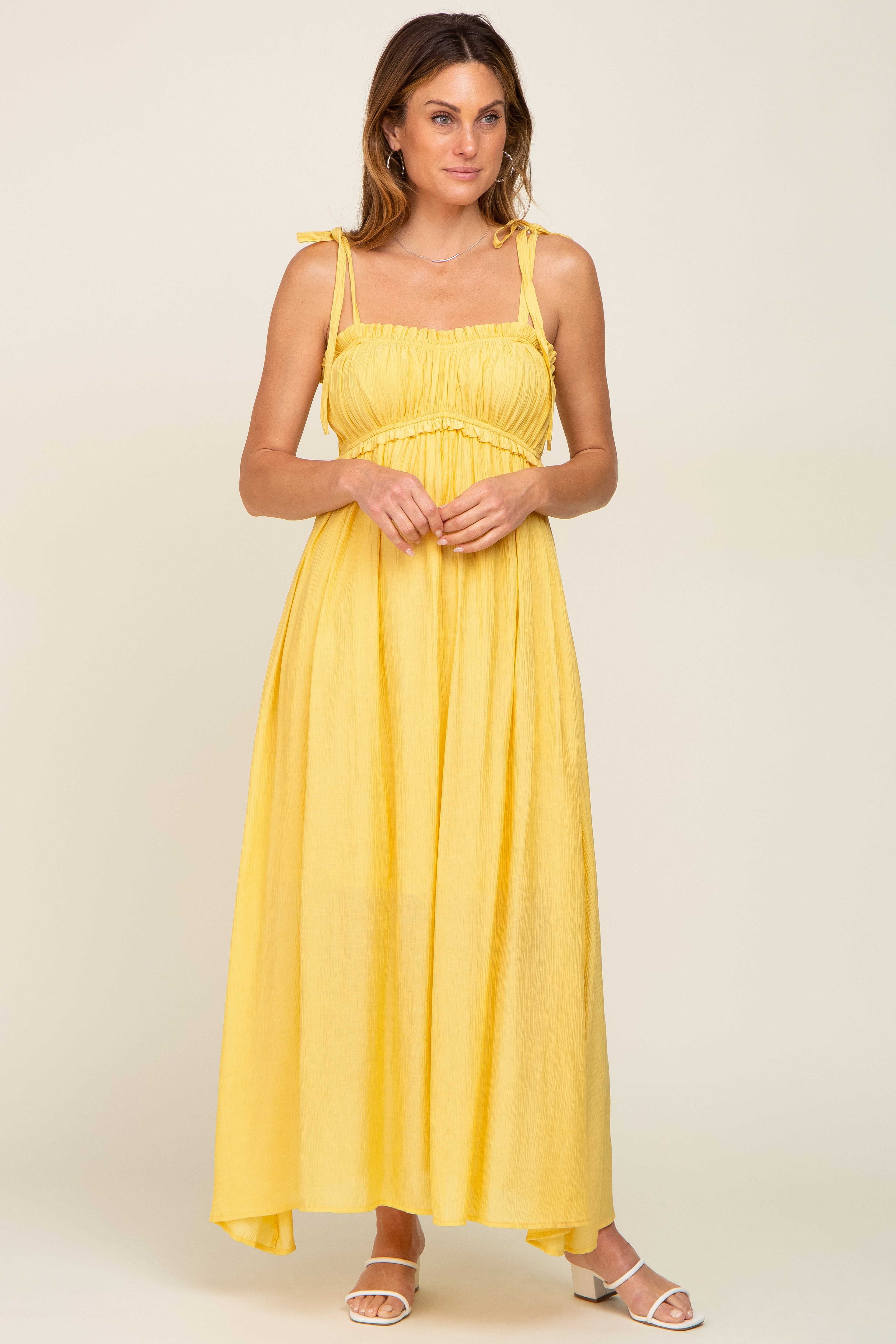 Yellow Sleeveless Ruffle Trim Maxi Dress sold by Pinkblush