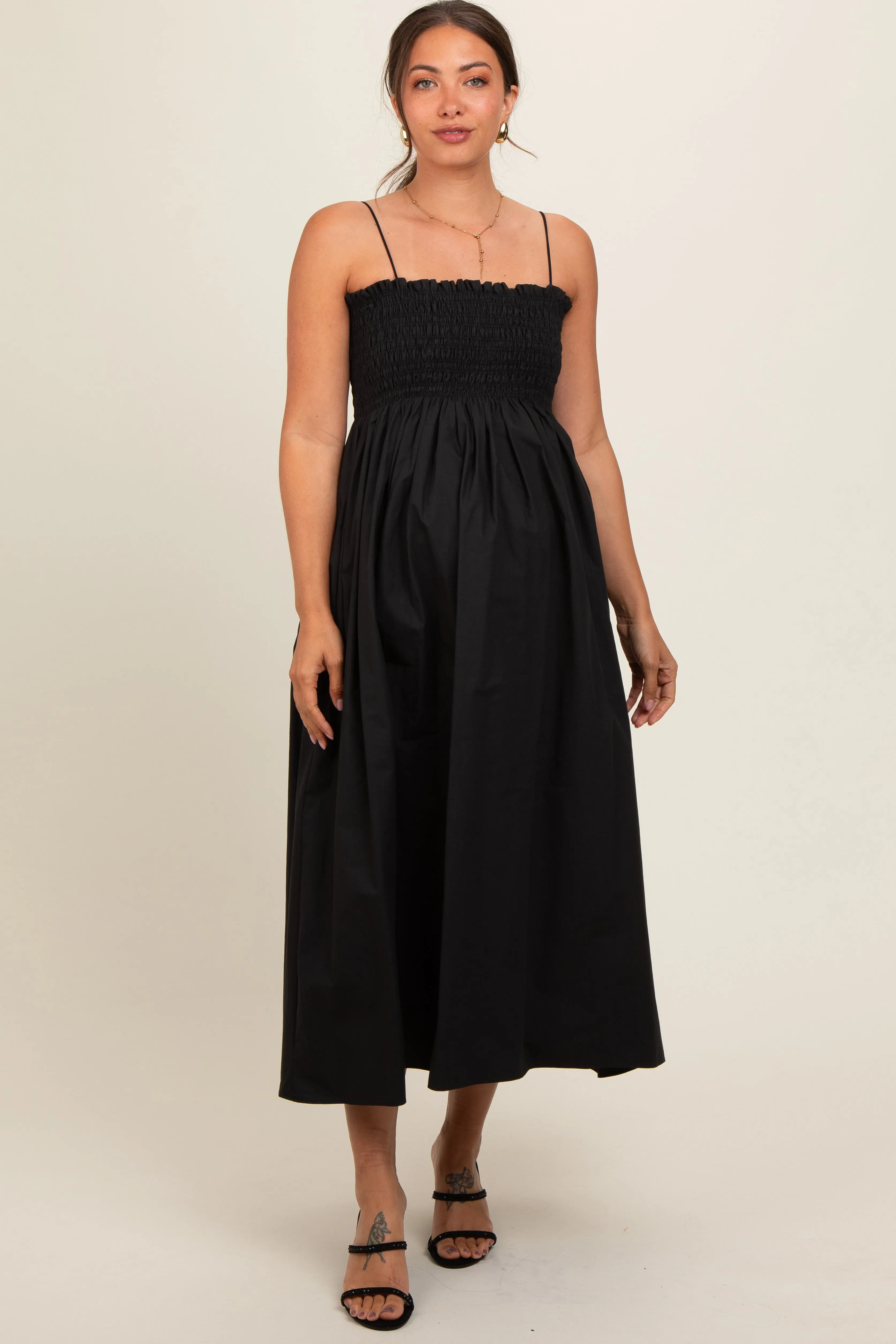 Black Smocked Pocketed Maternity Midi Dress sold by Pinkblush product image thumbnail 2