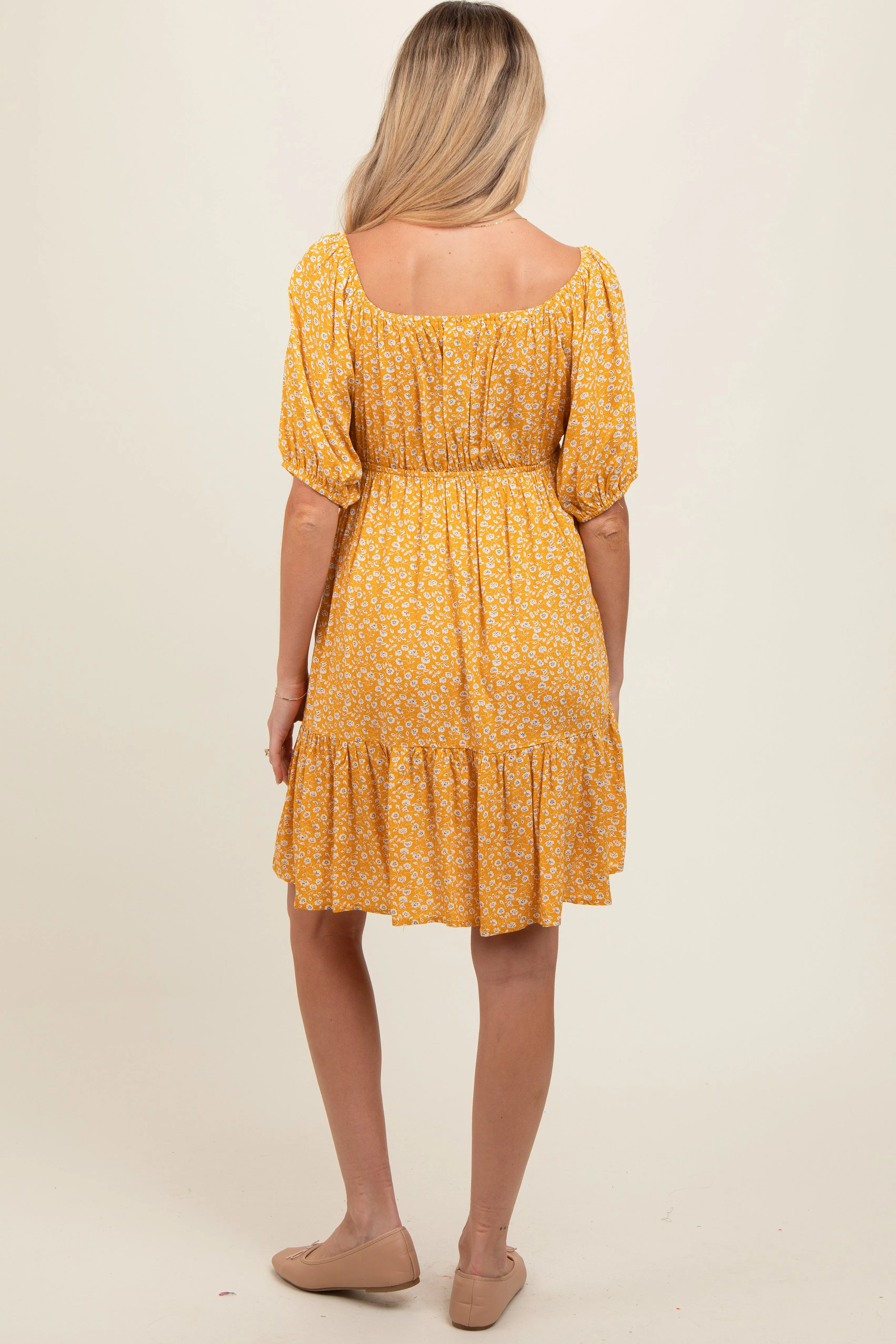 Yellow Floral Button Front Drawstring Waist Ruffle Maternity Dress sold by Pinkblush product image thumbnail 5