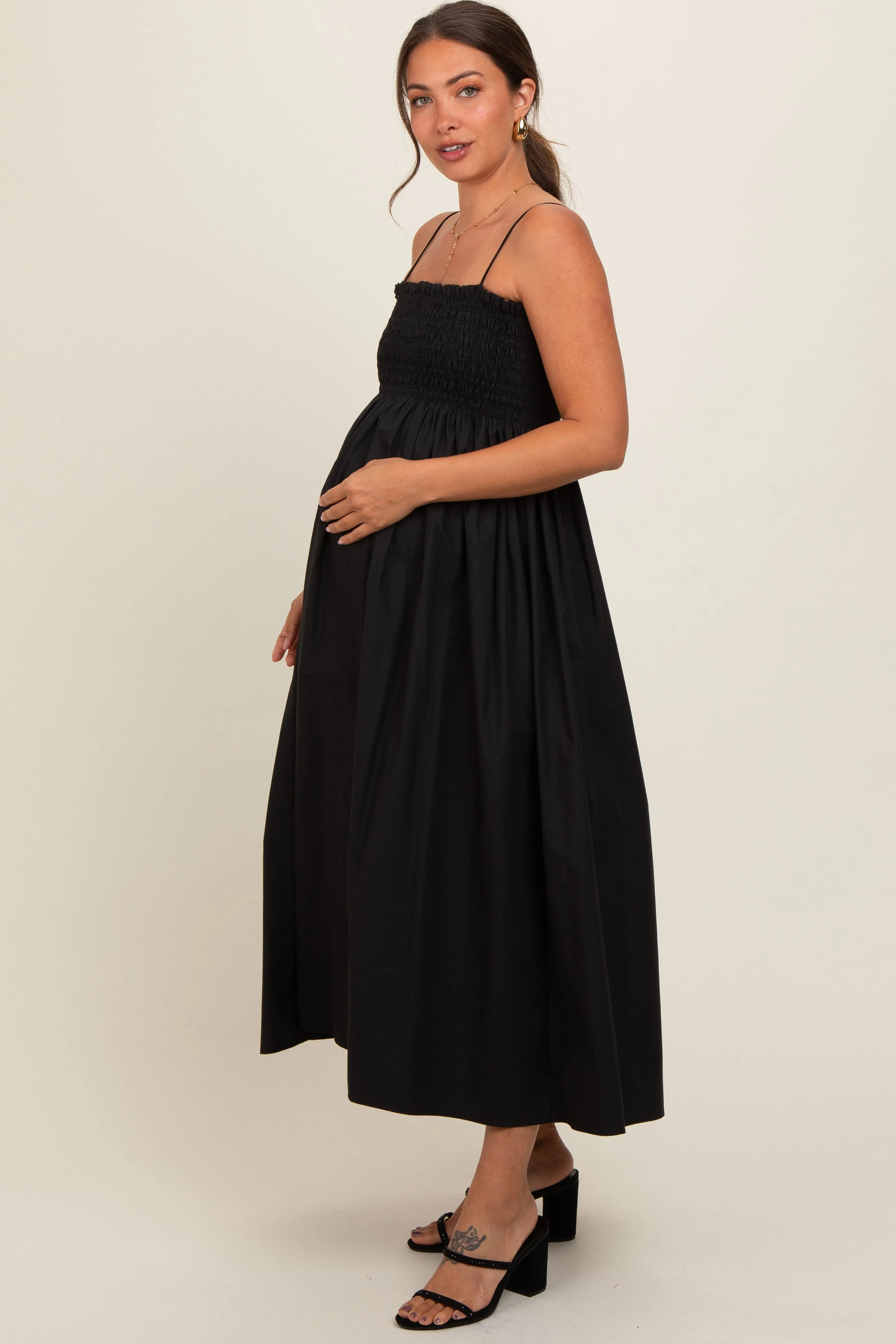 Black Smocked Pocketed Maternity Midi Dress sold by Pinkblush product image thumbnail 3